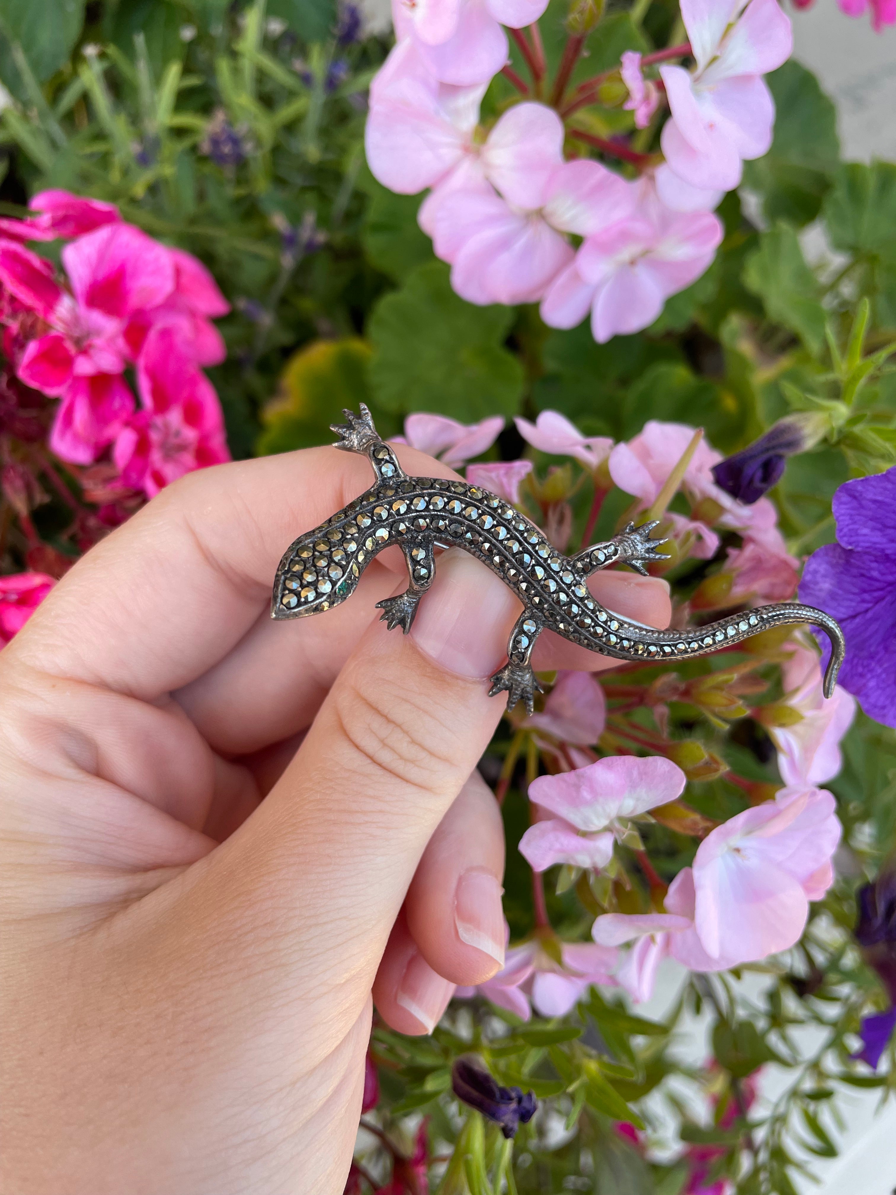 Sterling and Marcasite Vintage 80's Lizard Pin / Brooch