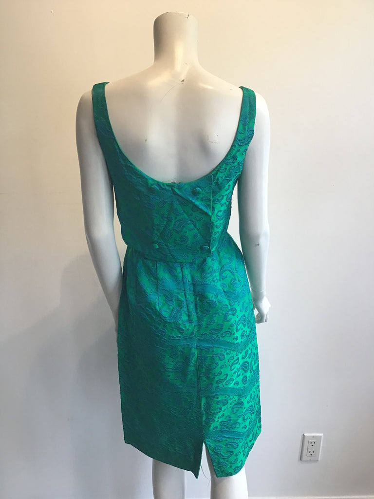 Late 1950s Green and Blue Silk Brocade Cocktail Dress Size 6