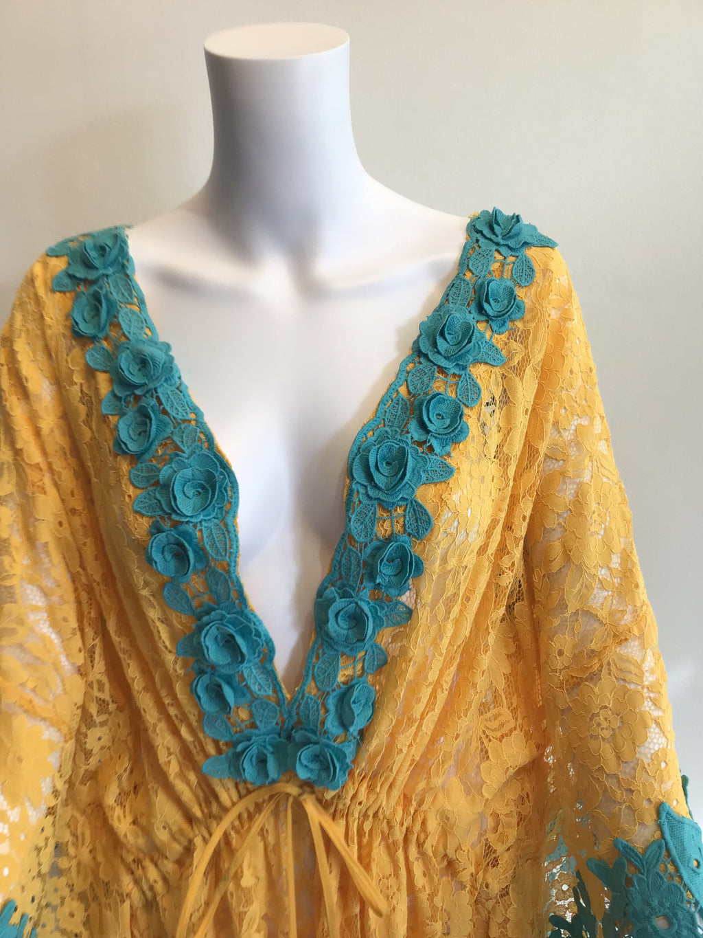 2000’s Antica Santoria Turquoise and Yellow Cotton Lace Cover Up One Size