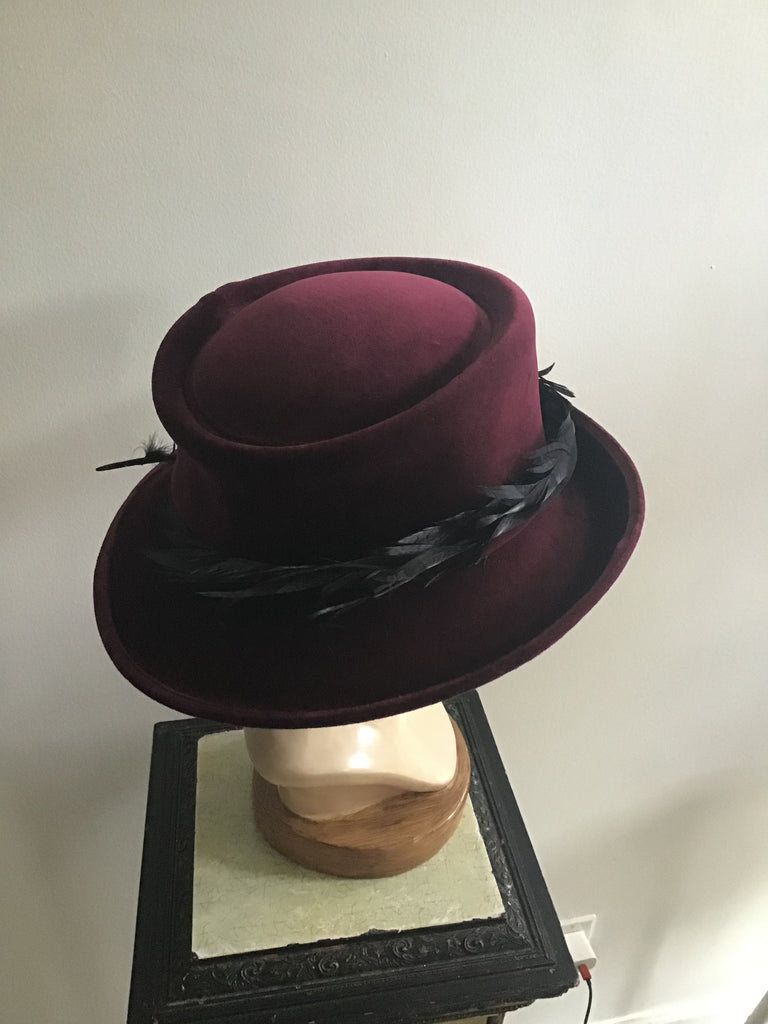 2000s Phillip Treacy Cranberry Velvet Hat with Feather