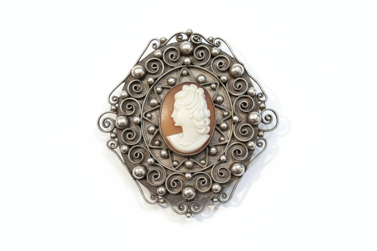 VINTAGE ESTATE 800 SILVER CARVED CAMEO BROOCH