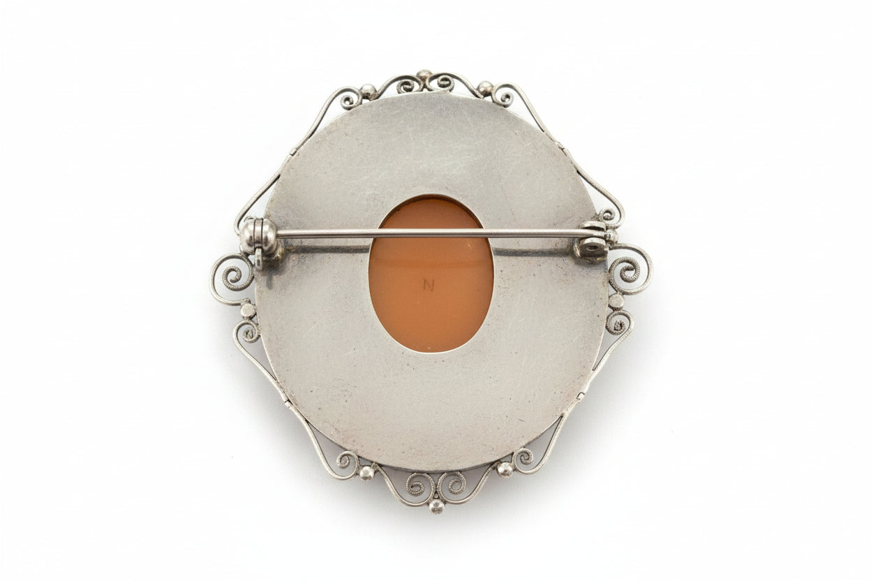 VINTAGE ESTATE 800 SILVER CARVED CAMEO BROOCH