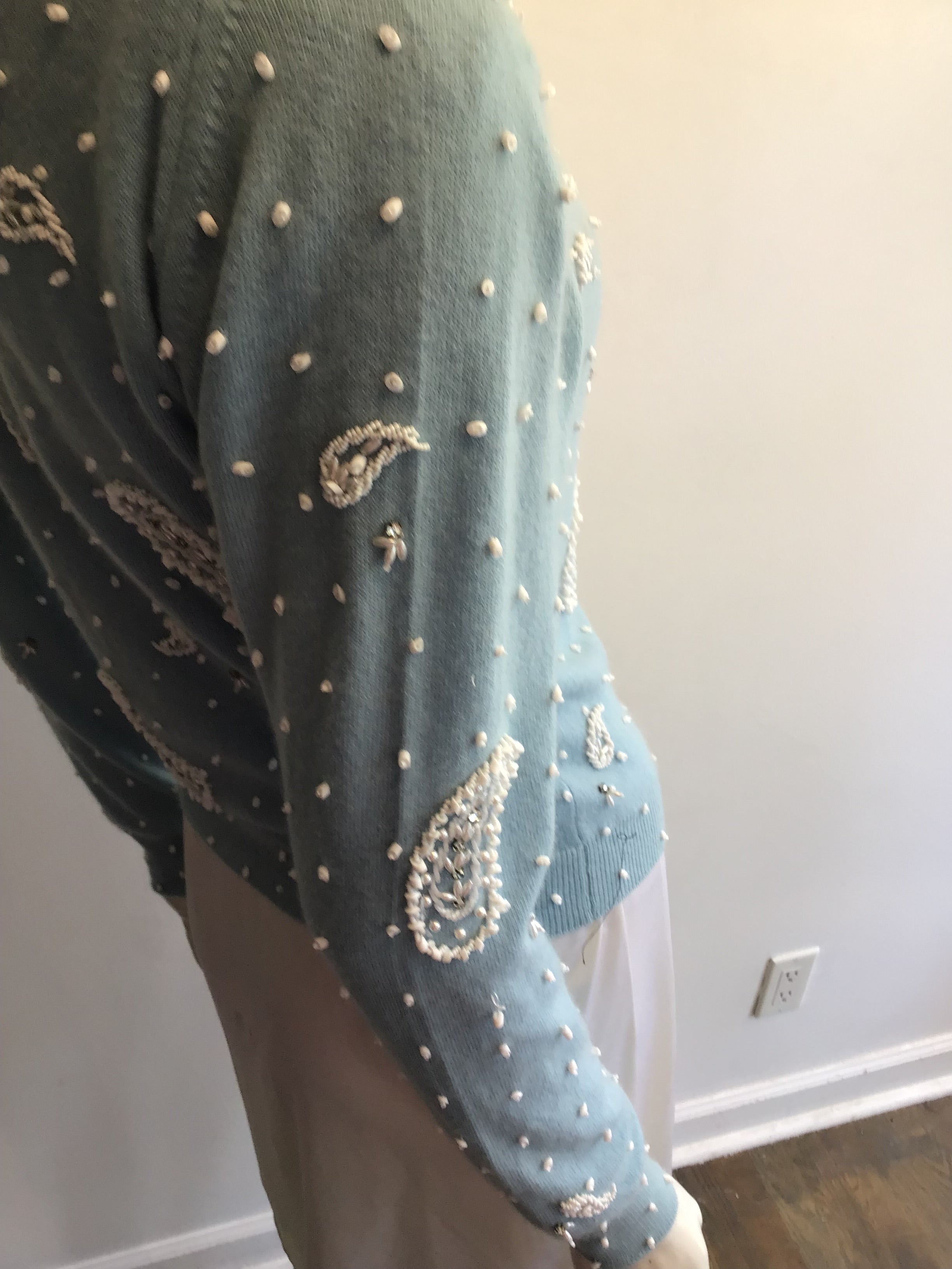 1950’s Light Blue Cashmere Beaded  Sweater Size 6