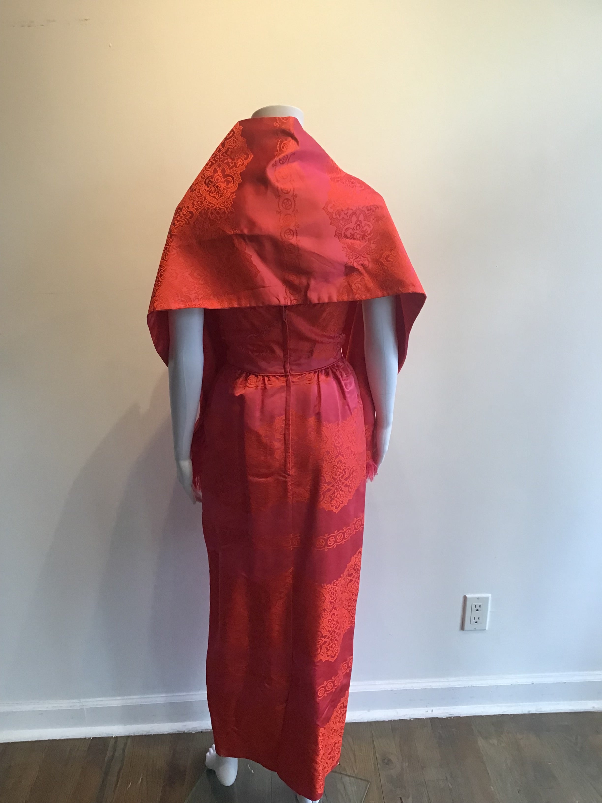 1960’s Jax Red and Orange Silk Dress with Shawl Size 4