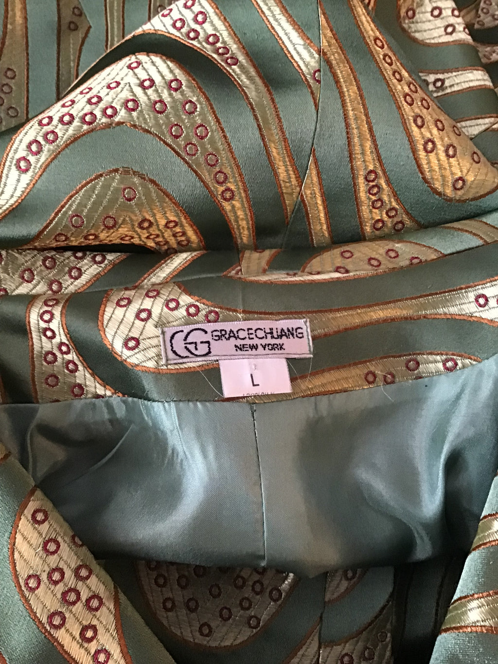 1990’s Green and Gold Silk Grace Chang Jacket Size 12