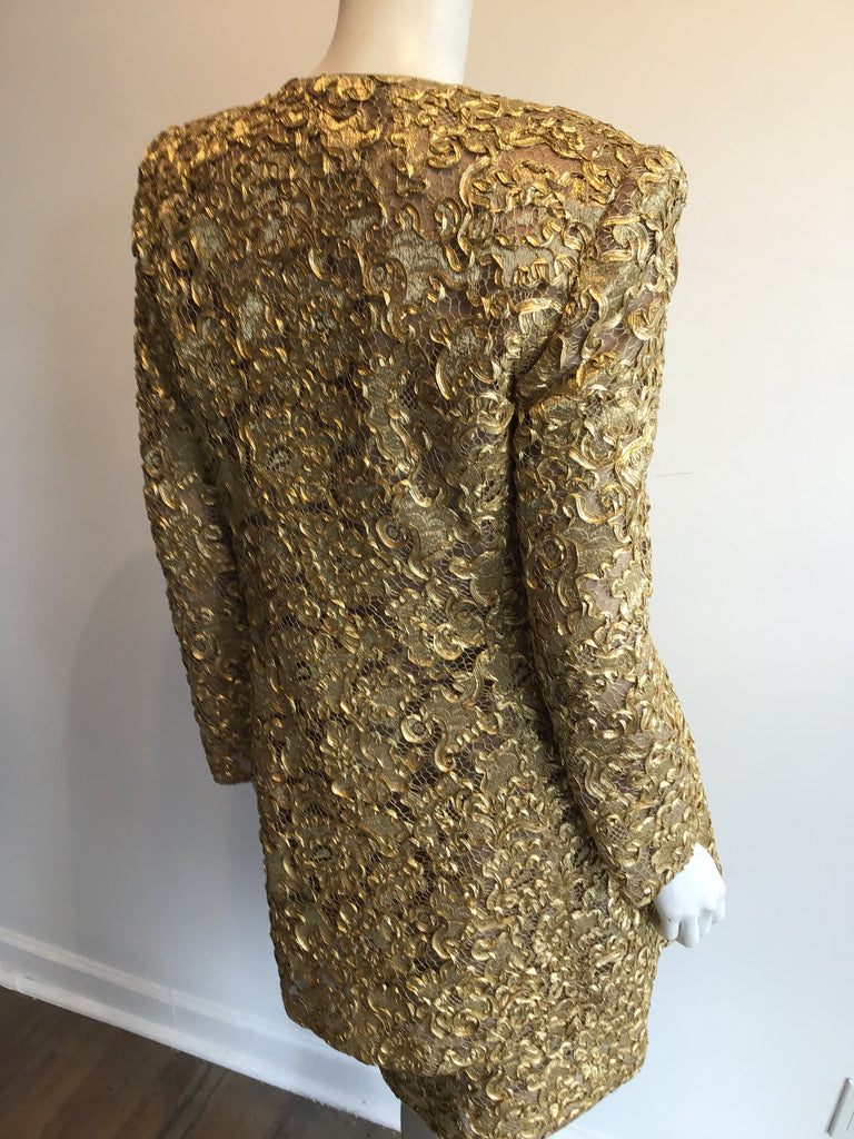1980's Mary McFadden Unworn Couture Gold Lace Two piece Dinner Suit size 10