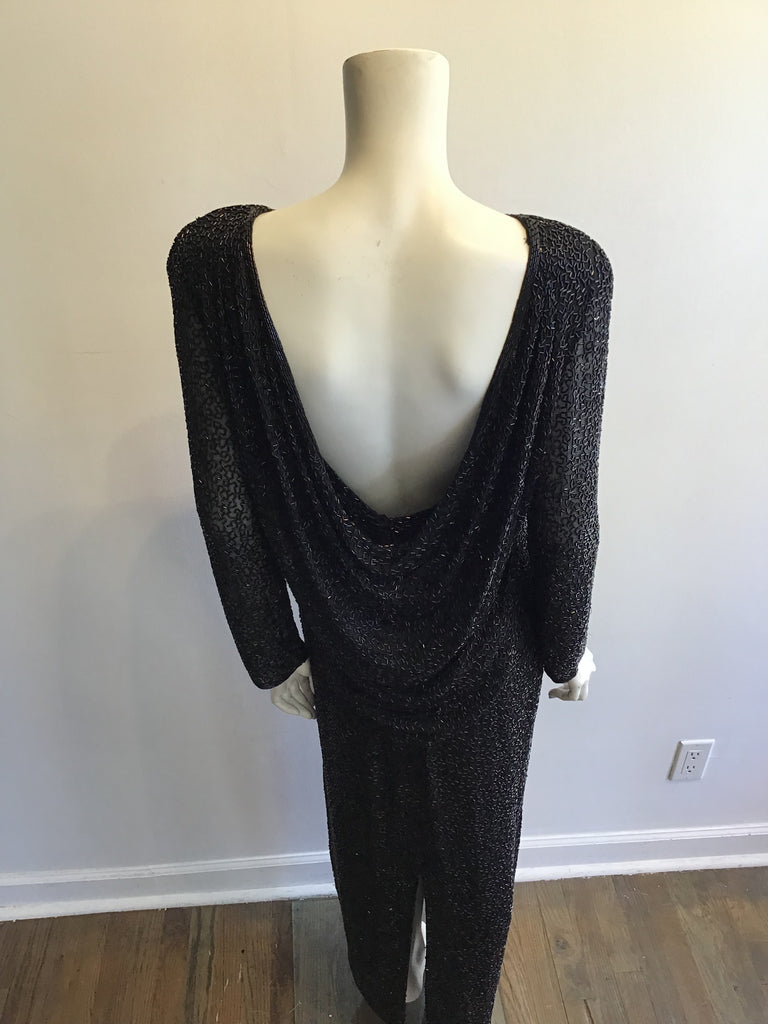 1980’s Oleg Cassini Black Beaded Silk/Rayon Evening Dress Size 10