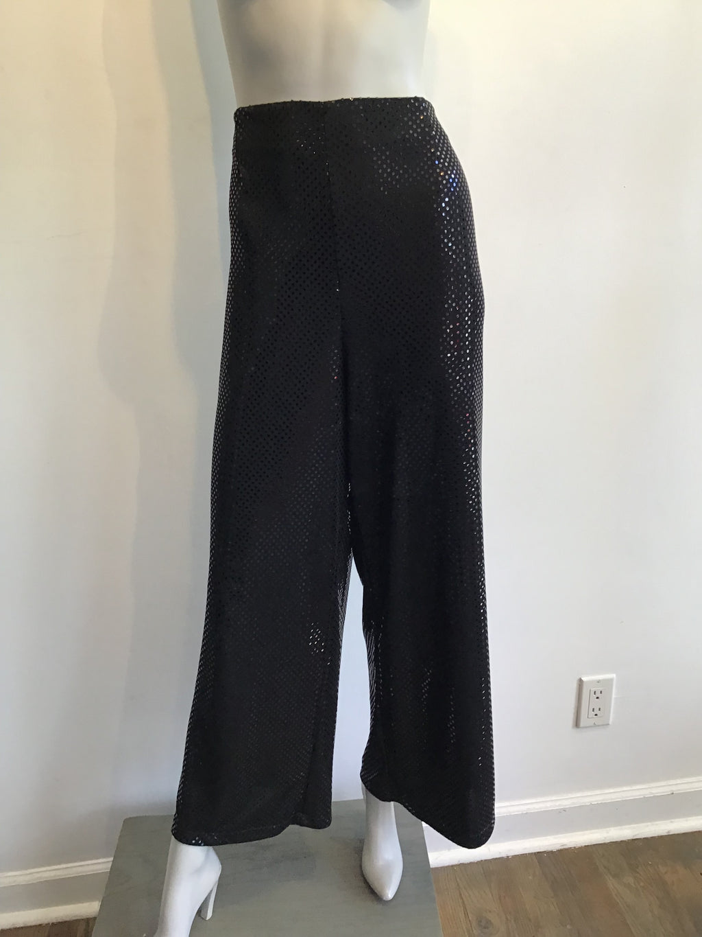 1990s Black Sequined Palazzo Pants by Deanna Cushing Palm Beach Size 14