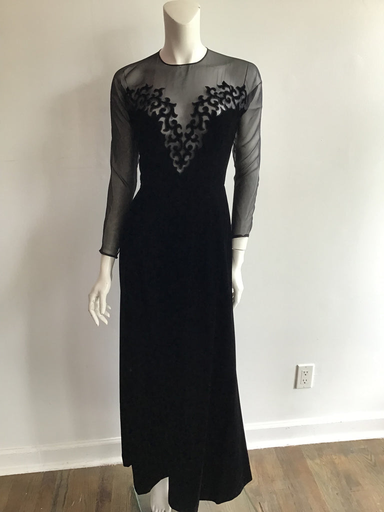 1980s Black Silk and Chiffon Oscar de La Renta Evening Gown Size 6