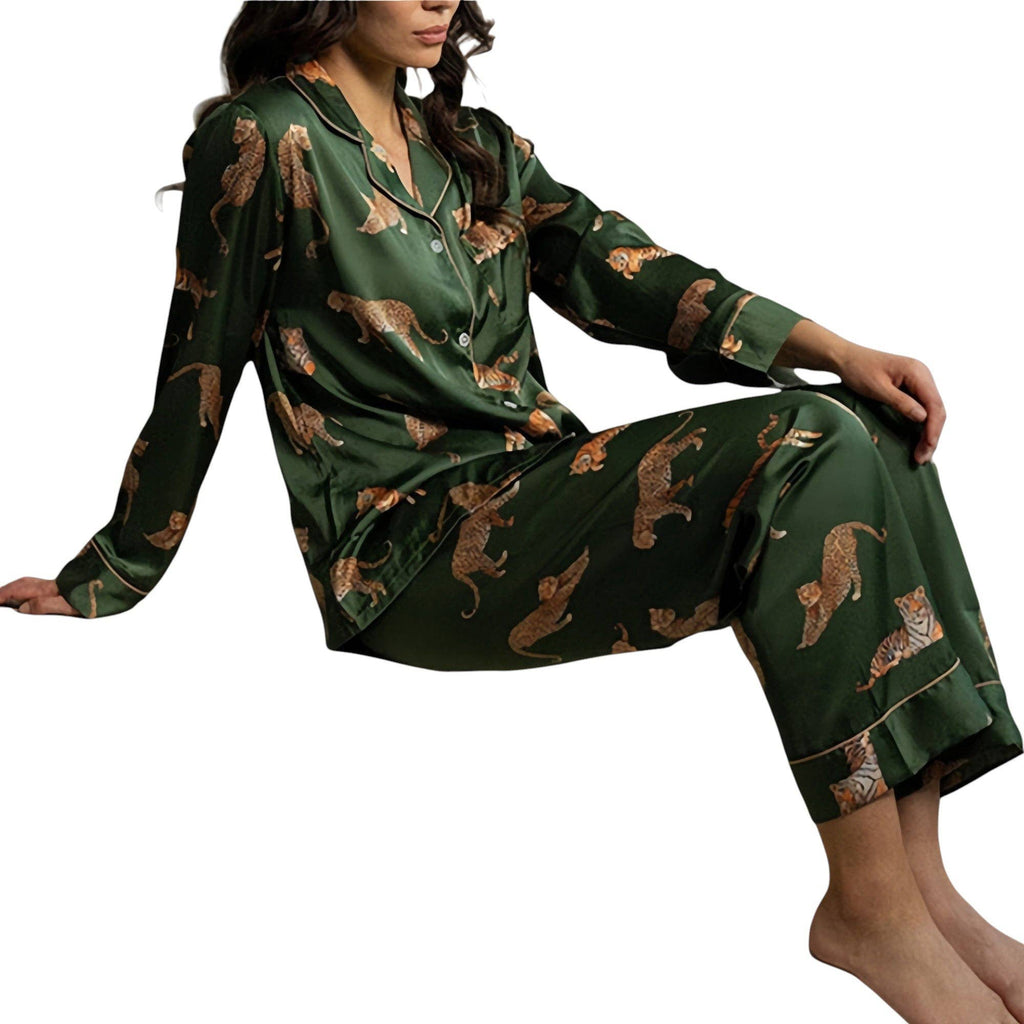 Long Sleeve Button Front Pajama Set with Tiger Print and Sat