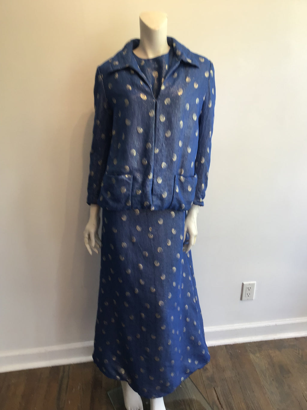 1960’s Blue Lamé Maxi Dress with Jacket Size 16