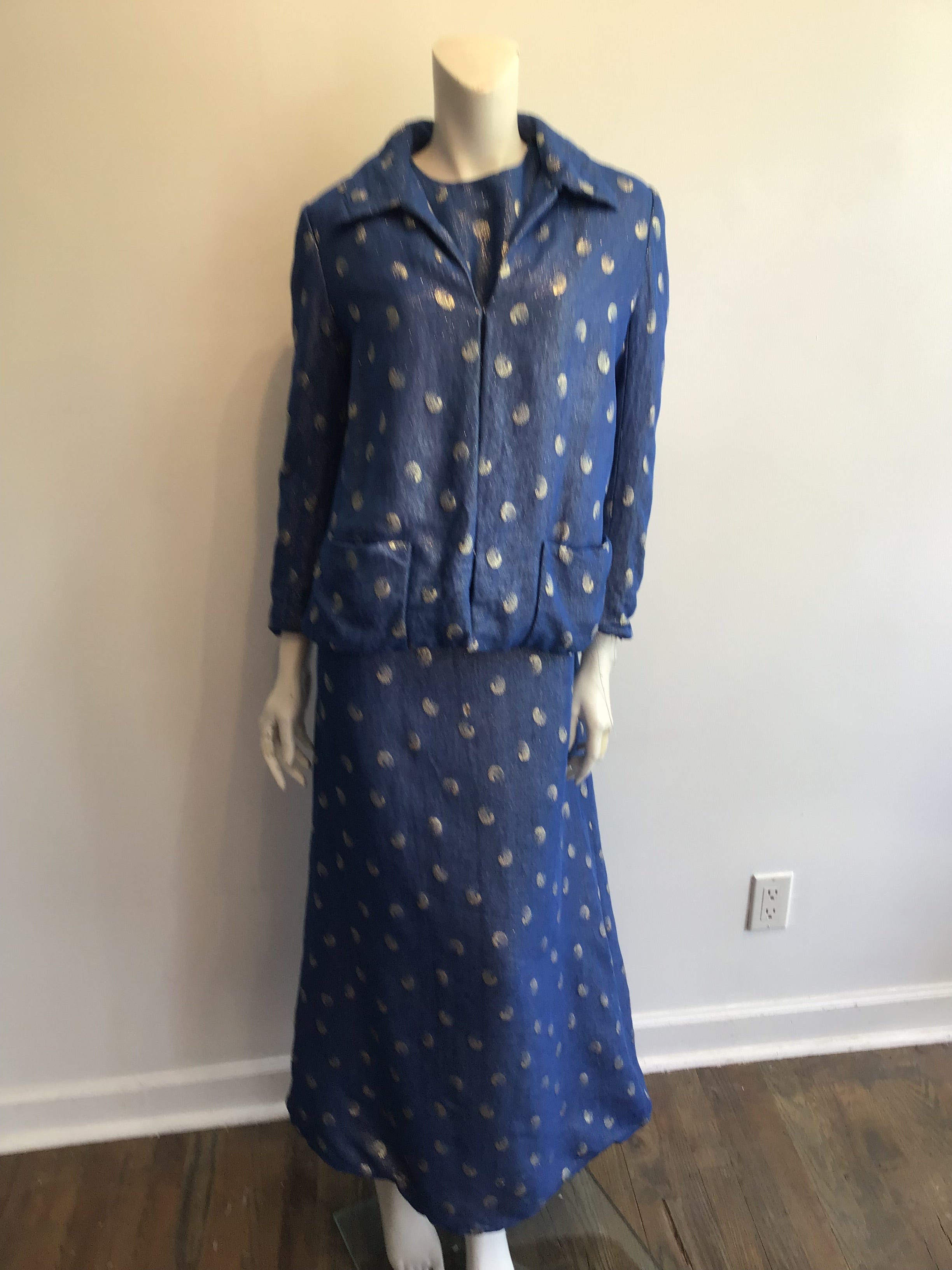 1960’s Blue Lamé Maxi Dress with Jacket Size 16