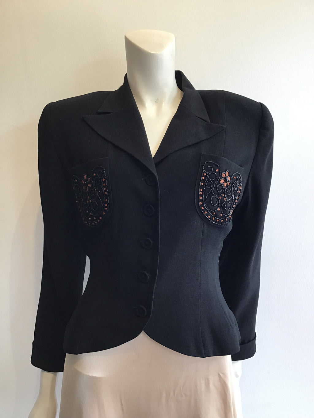 1980’s Black Rayon Beaded Pockets Zelda Jacket Size 6