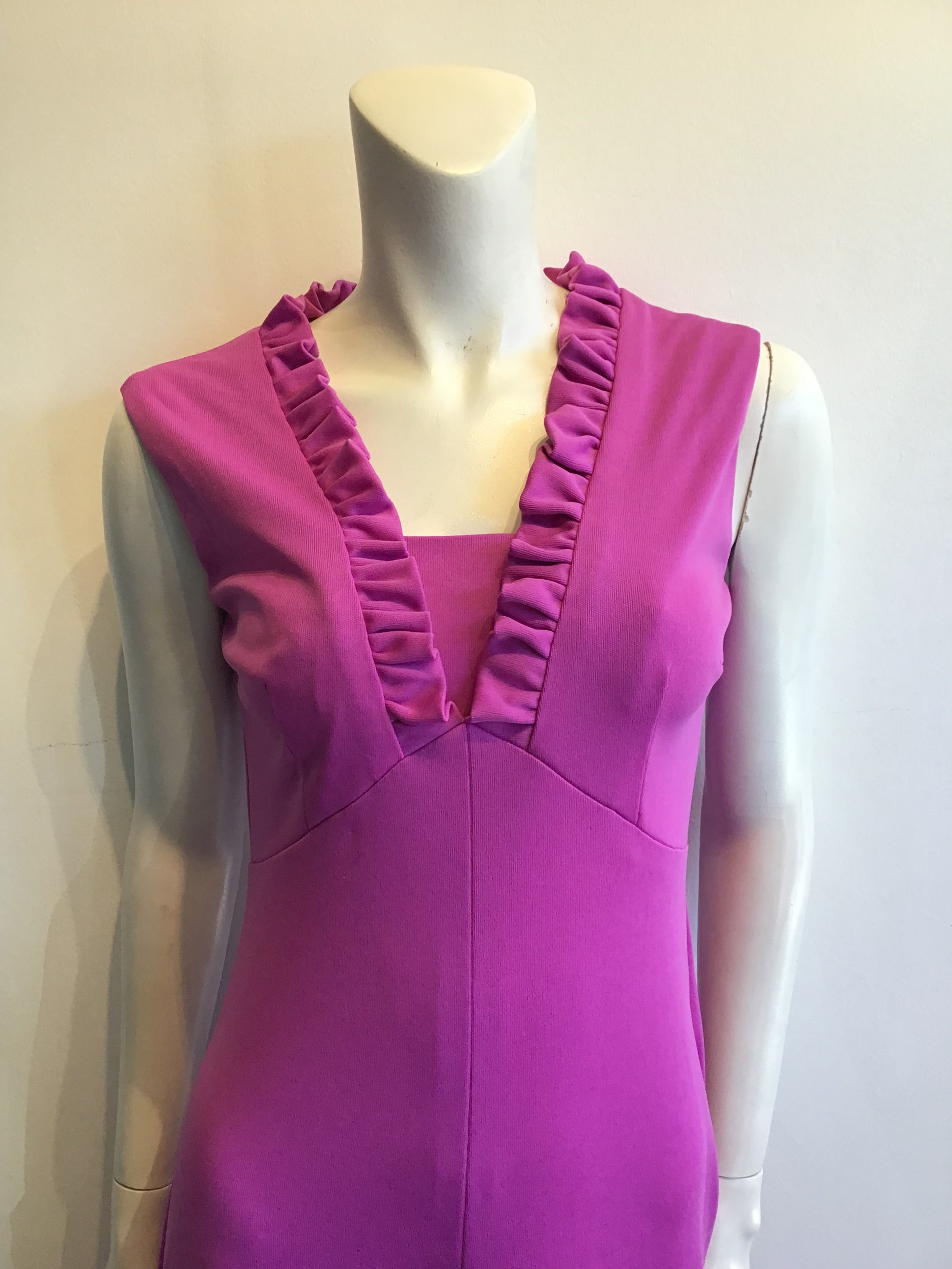 1970’s Violet Polyester Maxi Drrss with Ruffled Neckline Size 8