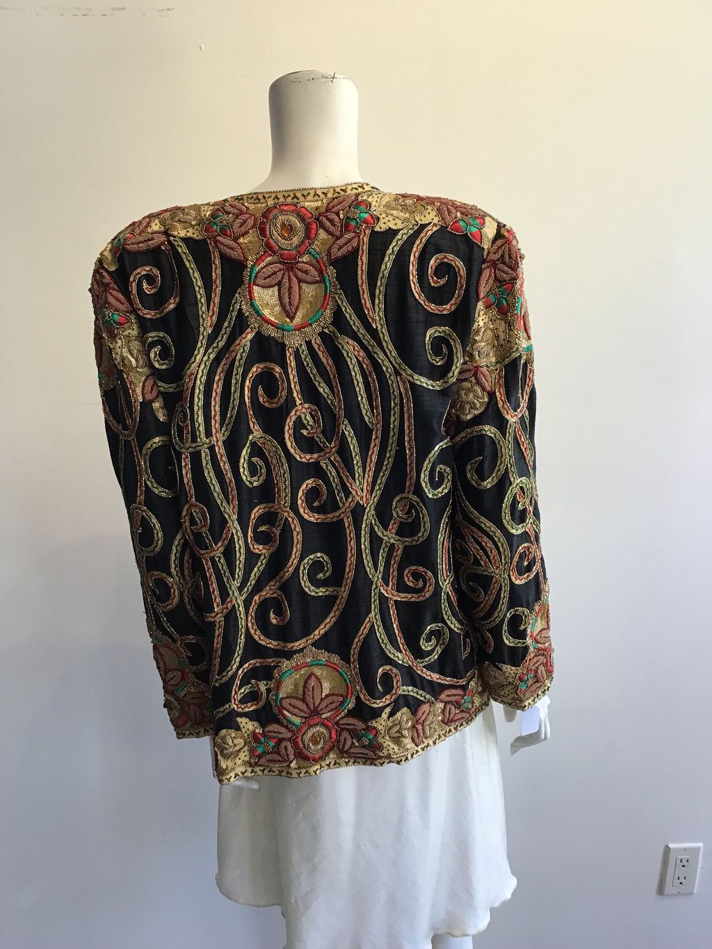 1980’s Black Silk Gold Embroidered and Sequined Evening Jacket Size 8