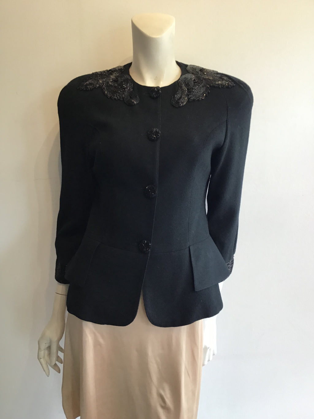1980’s Black Wool Jacket with Beading Size 8