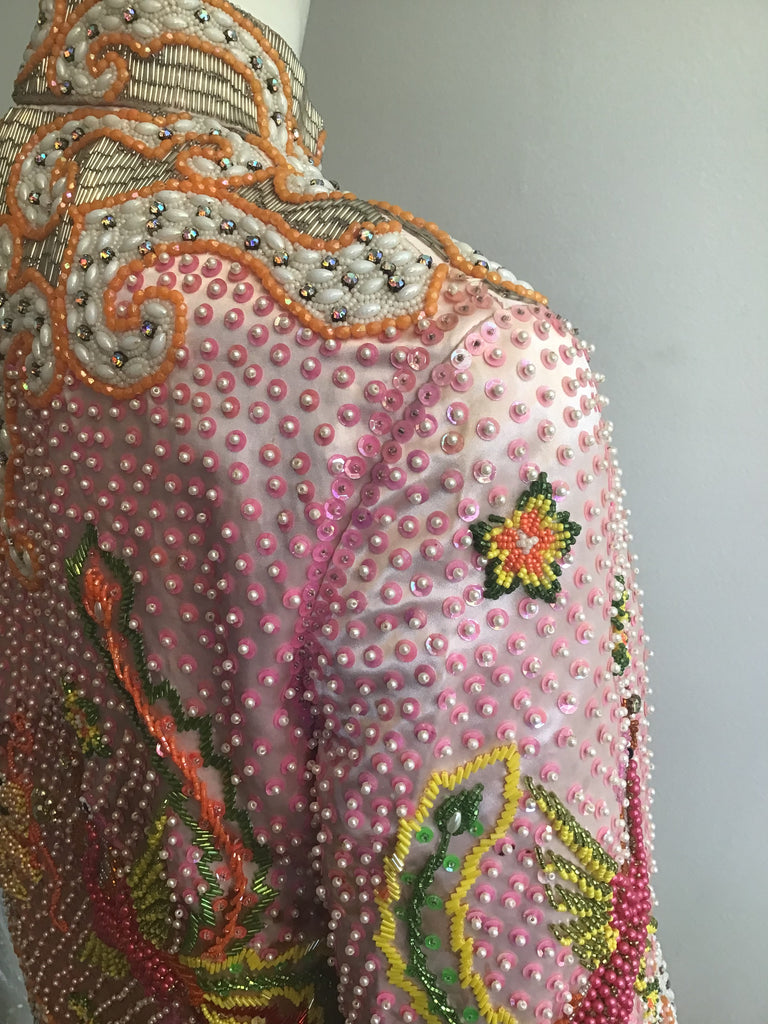 1960s Rare Chinese Pink Silk Handbeaded Jacket with Dragon and Phoenix -size 4/5