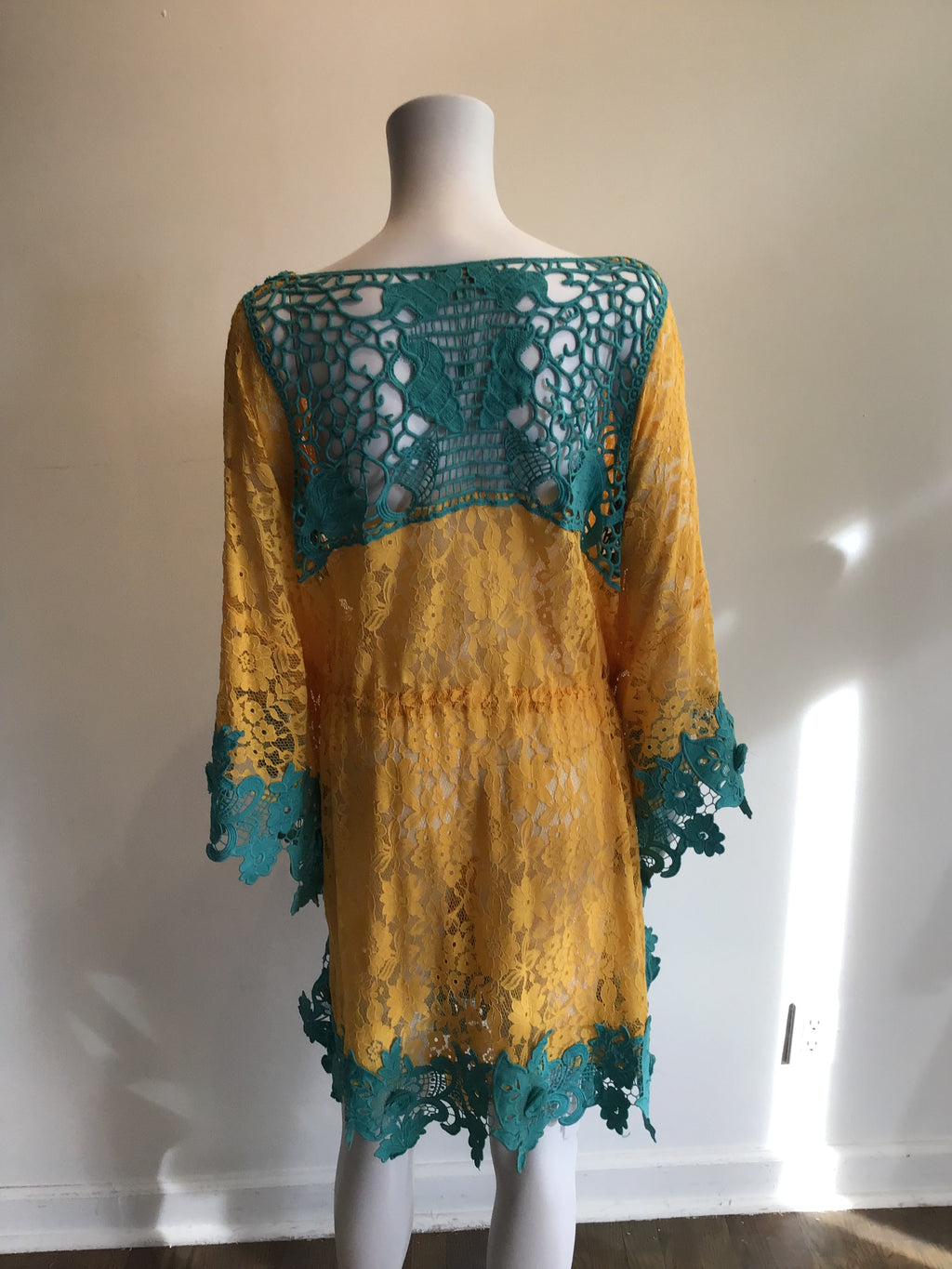 2000’s Antica Santoria Turquoise and Yellow Cotton Lace Cover Up One Size
