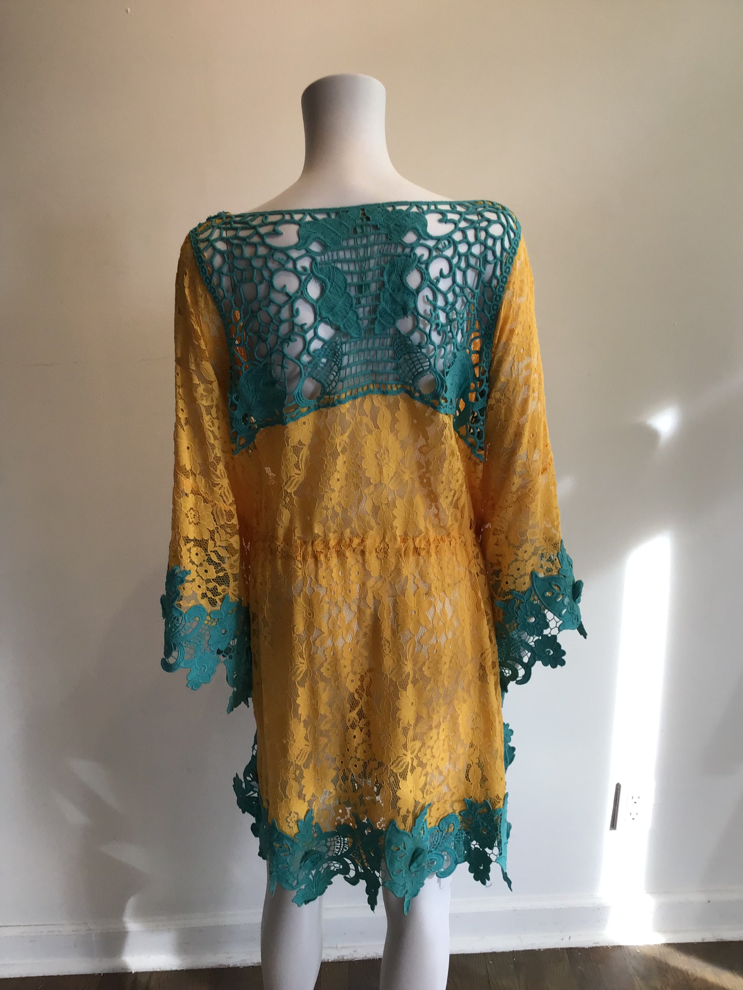 2000’s Antica Santoria Turquoise and Yellow Cotton Lace Cover Up One Size