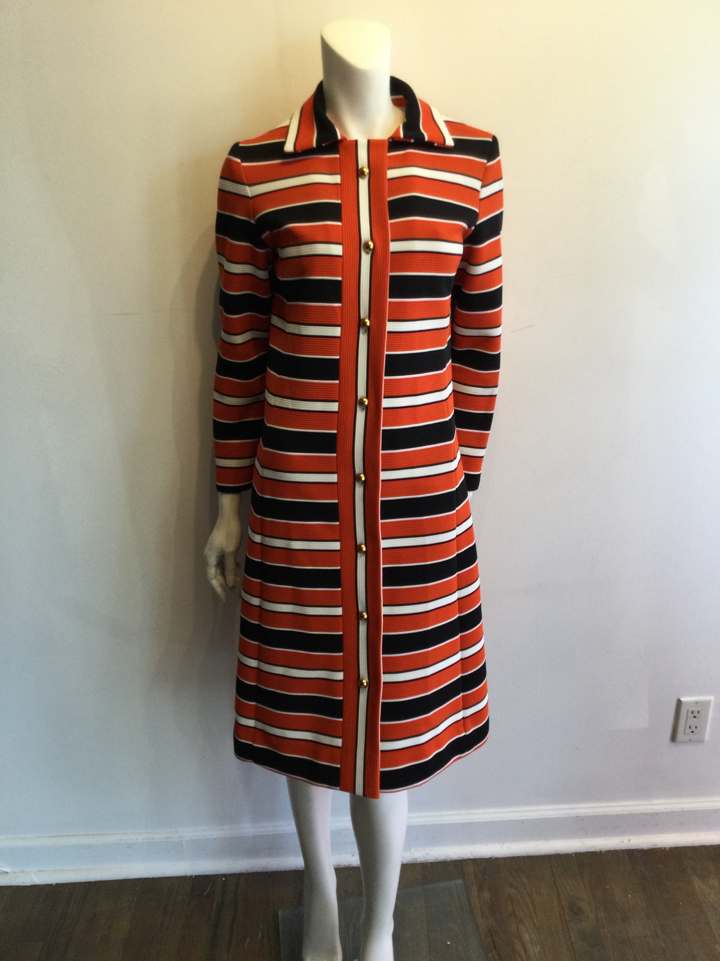 1970’s Orange/Black and white Polyester Striped Spring Coat Size 8
