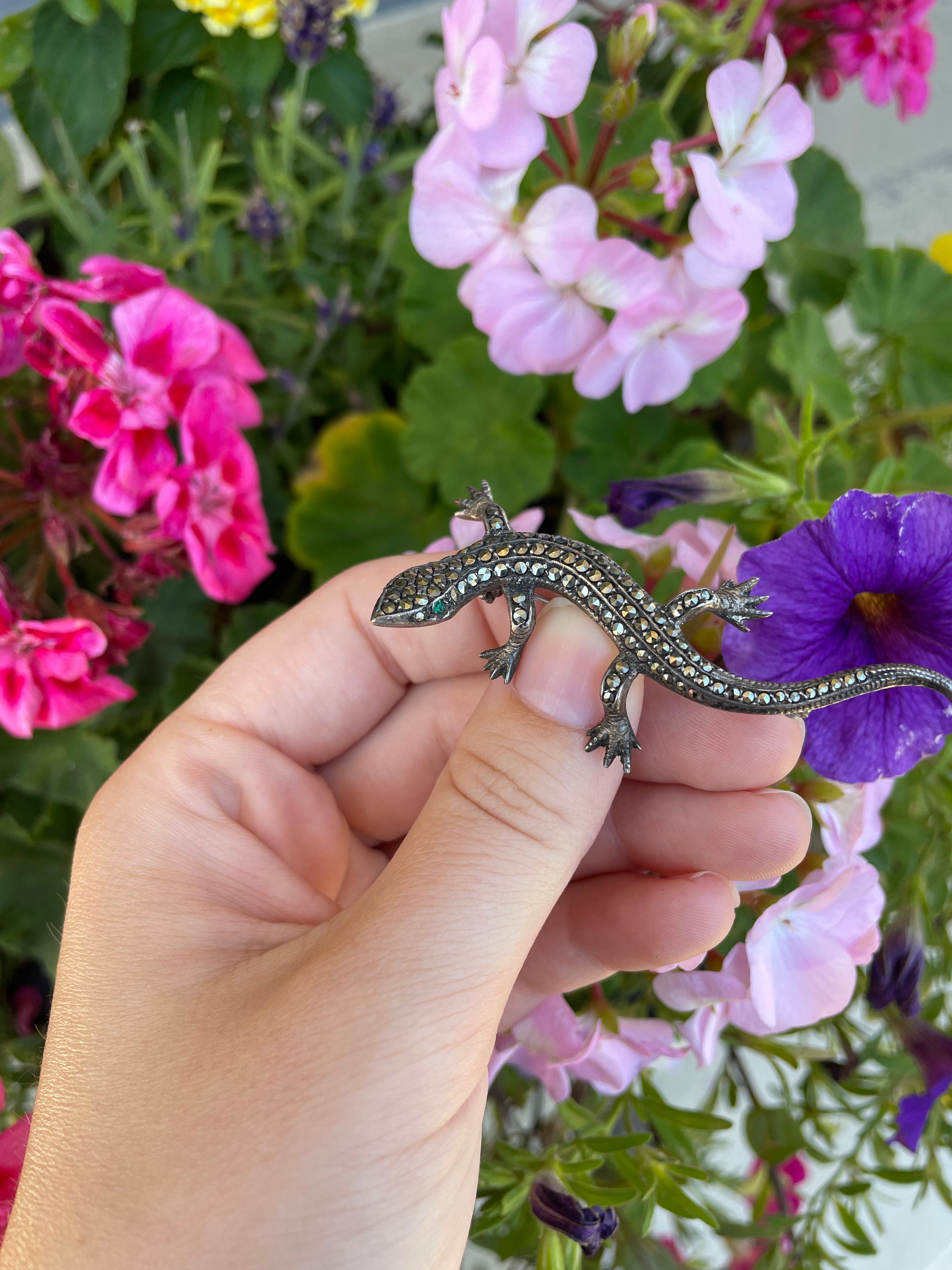 Sterling and Marcasite Vintage 80's Lizard Pin / Brooch