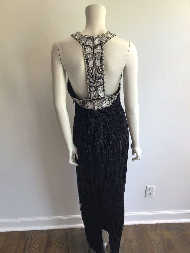 1980's Black Beaded Fringe Evening Dress Size 8