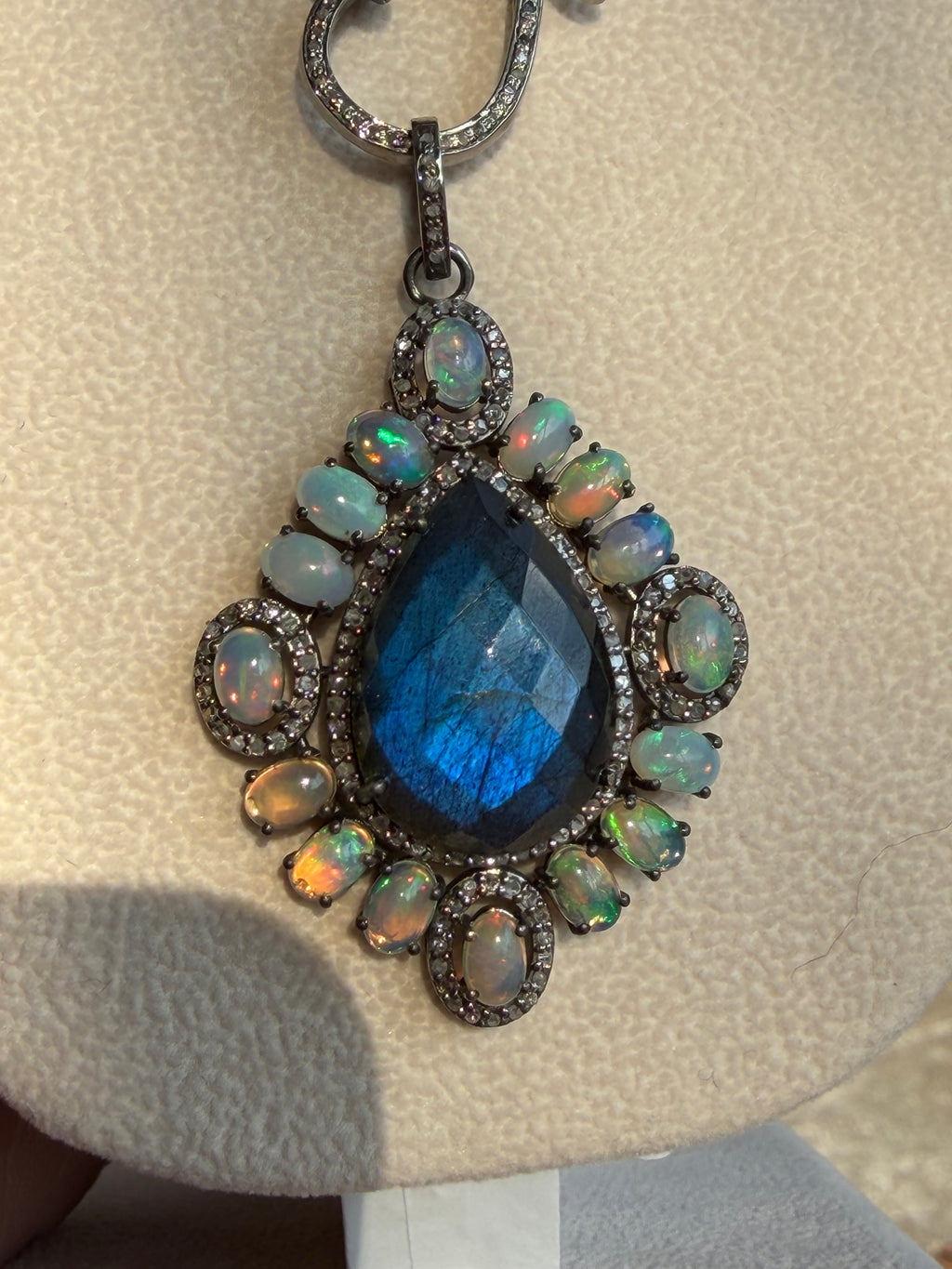 Large Labradorite with Fire Opals & Diamonds, Sterling Silver Pendant Necklace