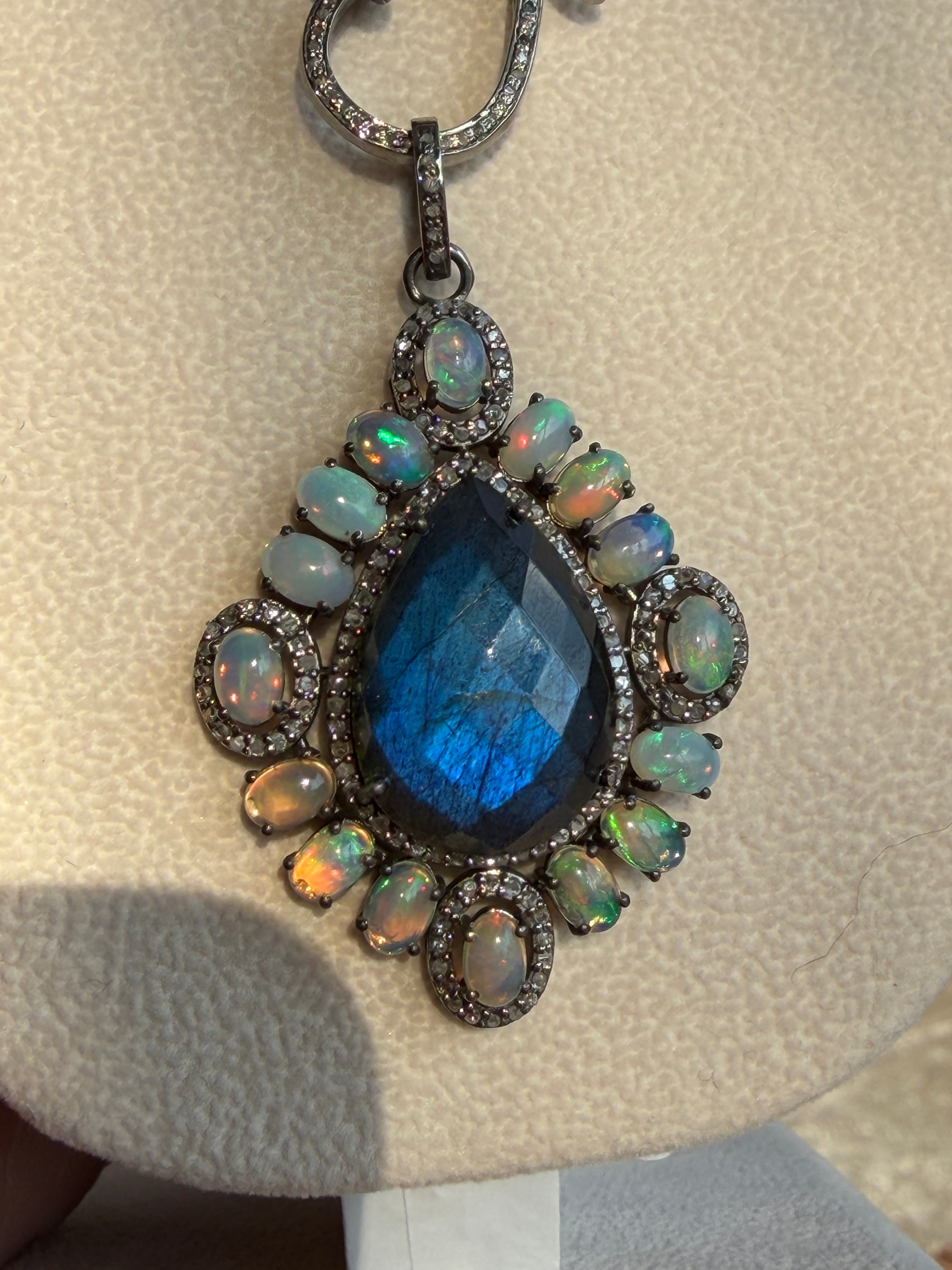Large Labradorite with Fire Opals & Diamonds, Sterling Silver Pendant Necklace