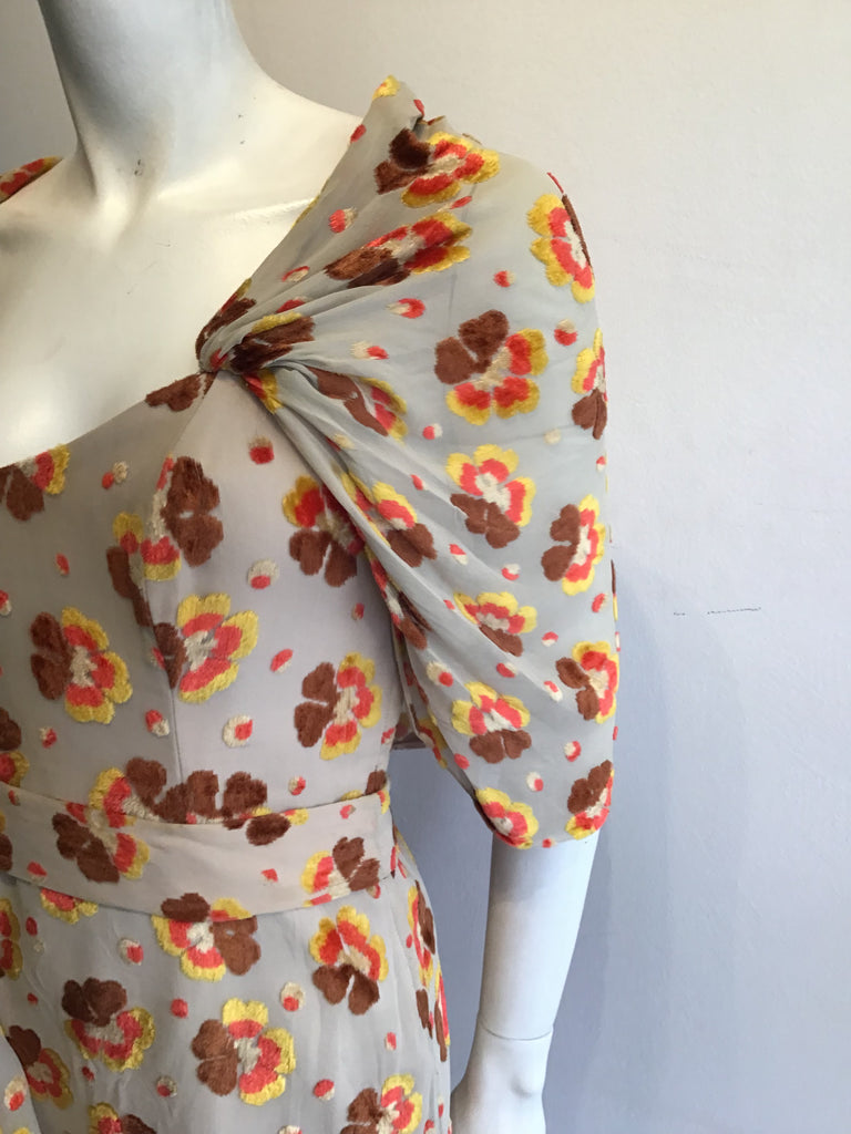 1960’s Taupe Floral Silk Flocked Velvet Strapless Dress Size 8