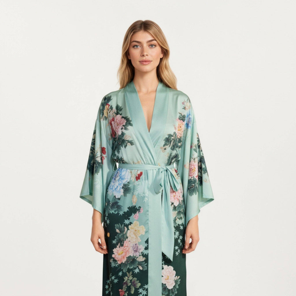 Long Satin Kimono Robe with Tie Waist and Artistic Floral Pr