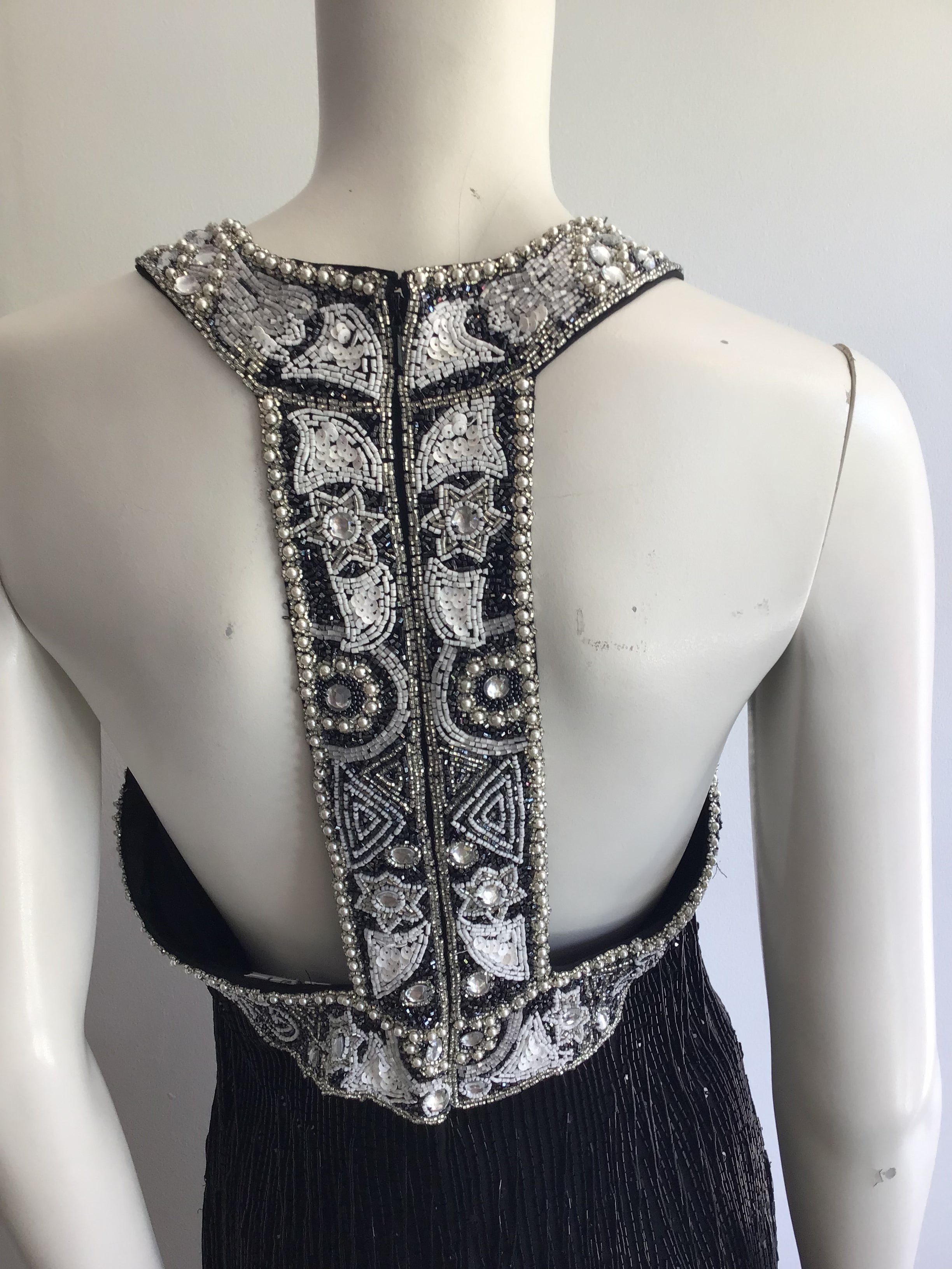 1980's Black Beaded Fringe Evening Dress Size 8