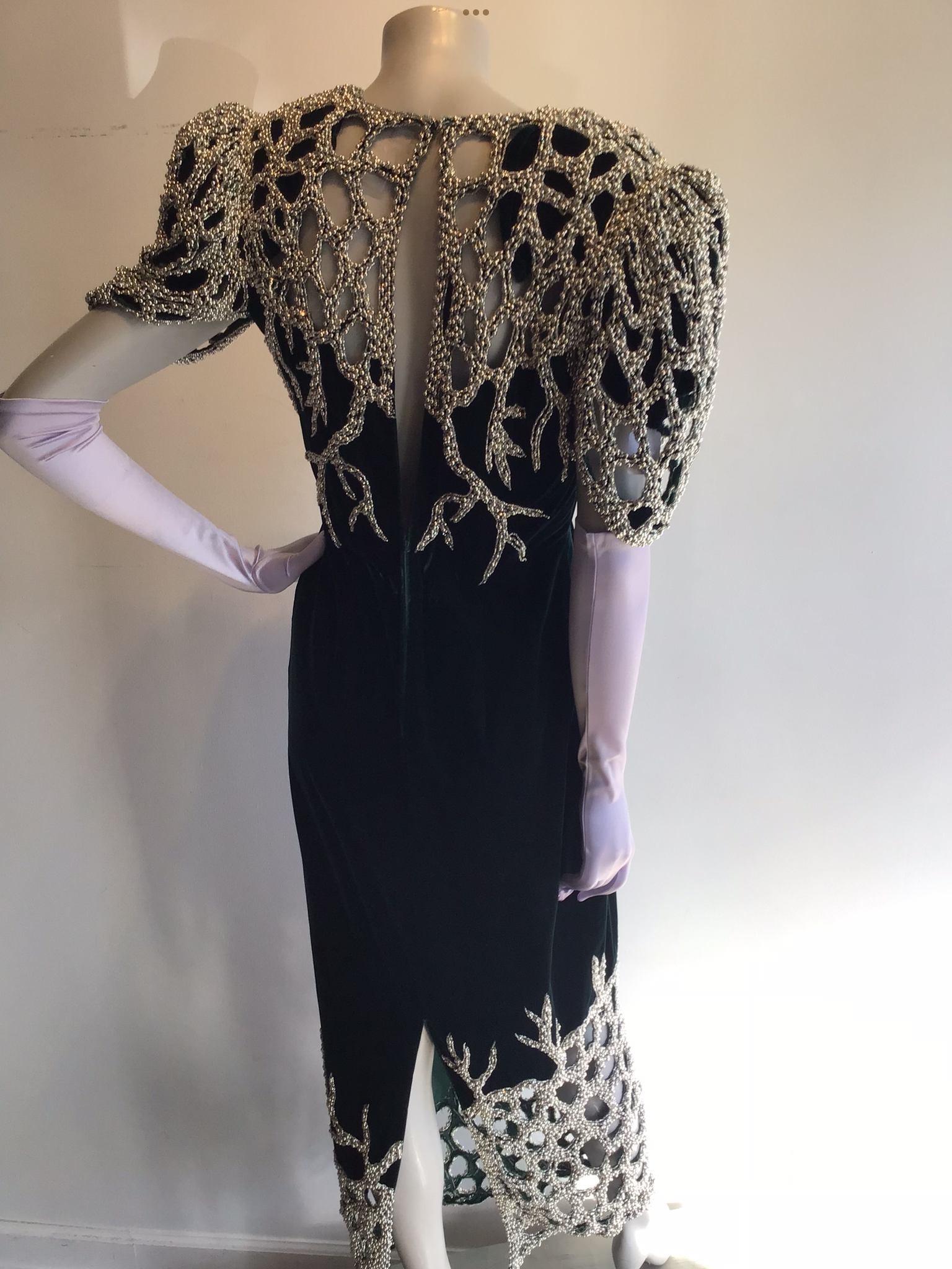 1980’s Forest Green Silk Velvet and Silver Beads Gown attributed to Bob Mackie Gown Size 8