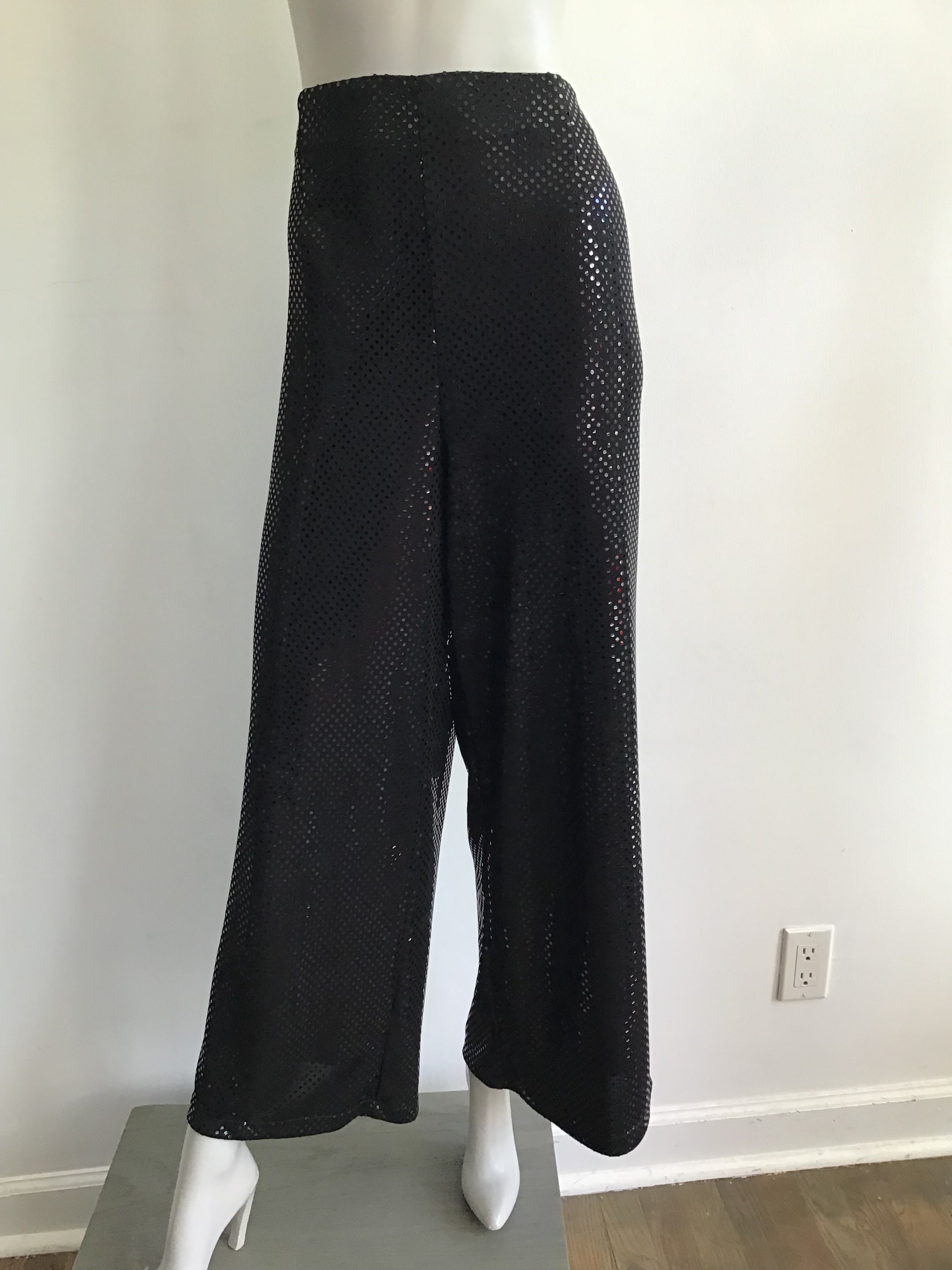 1990s Black Sequined Palazzo Pants by Deanna Cushing Palm Beach Size 14