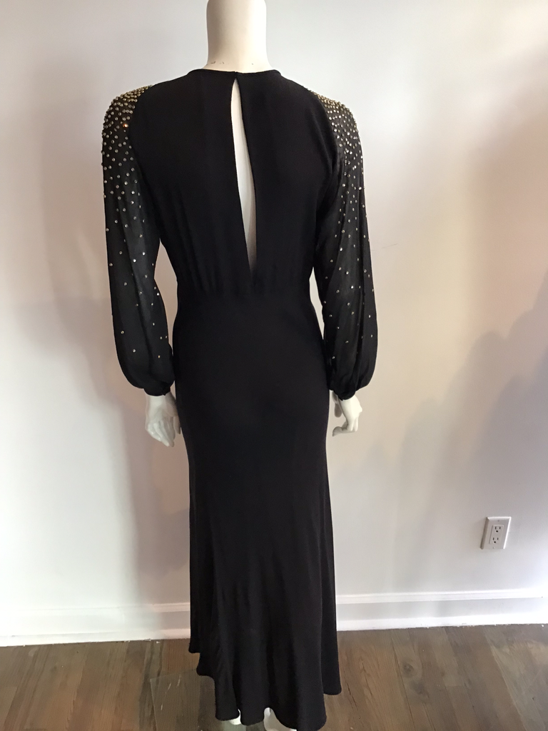 1930’s Black Crepe with Rhinestone Sleeves Evening Gown Size 4