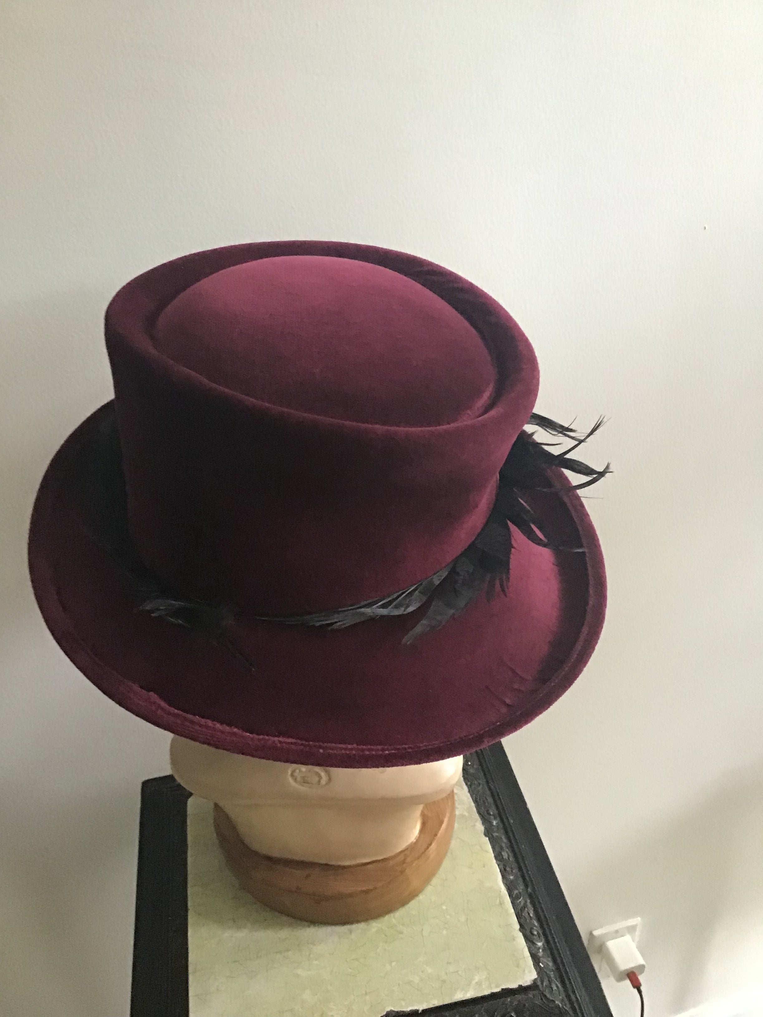 2000s Phillip Treacy Cranberry Velvet Hat with Feather