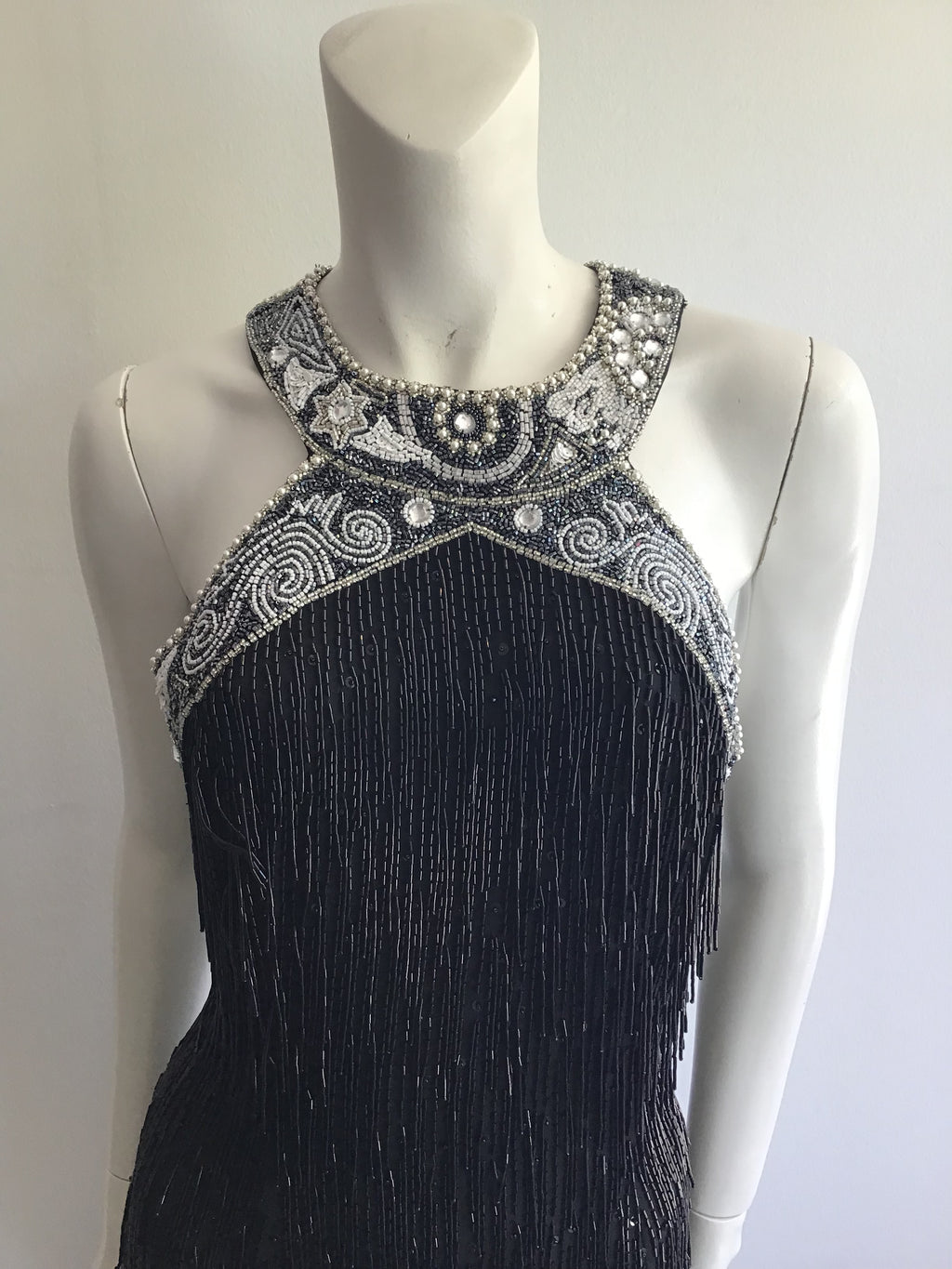 1980's Black Beaded Fringe Evening Dress Size 8
