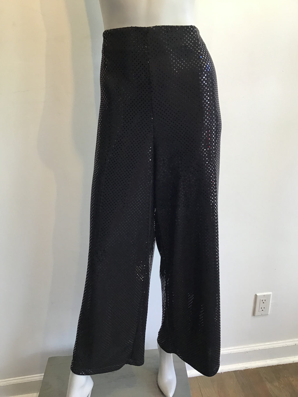 1990s Black Sequined Palazzo Pants by Deanna Cushing Palm Beach Size 14