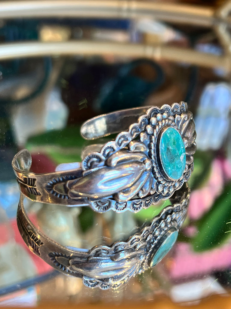 Navajo Sterling Cuff with Turquoise center stone -1970's