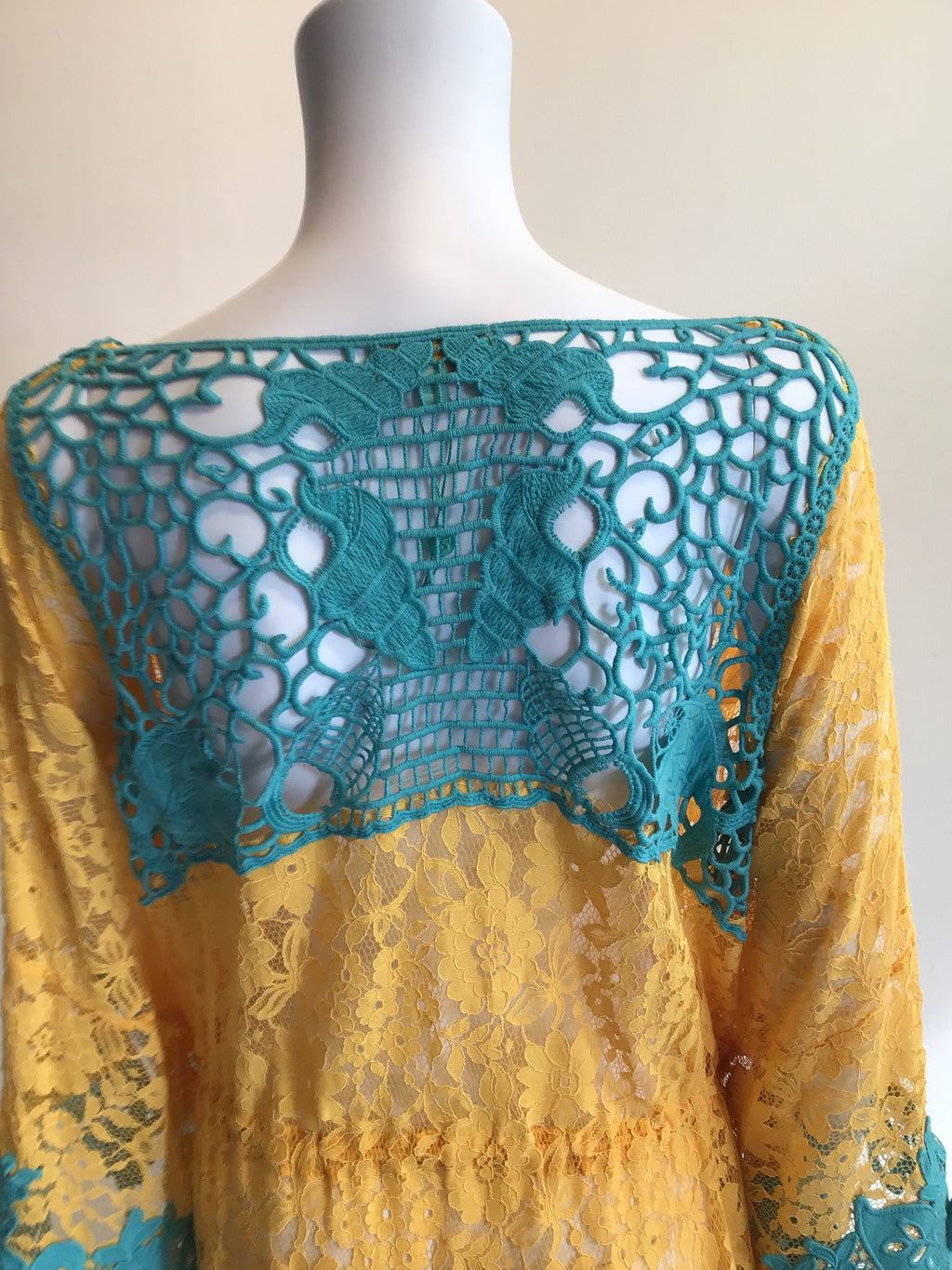 2000’s Antica Santoria Turquoise and Yellow Cotton Lace Cover Up One Size