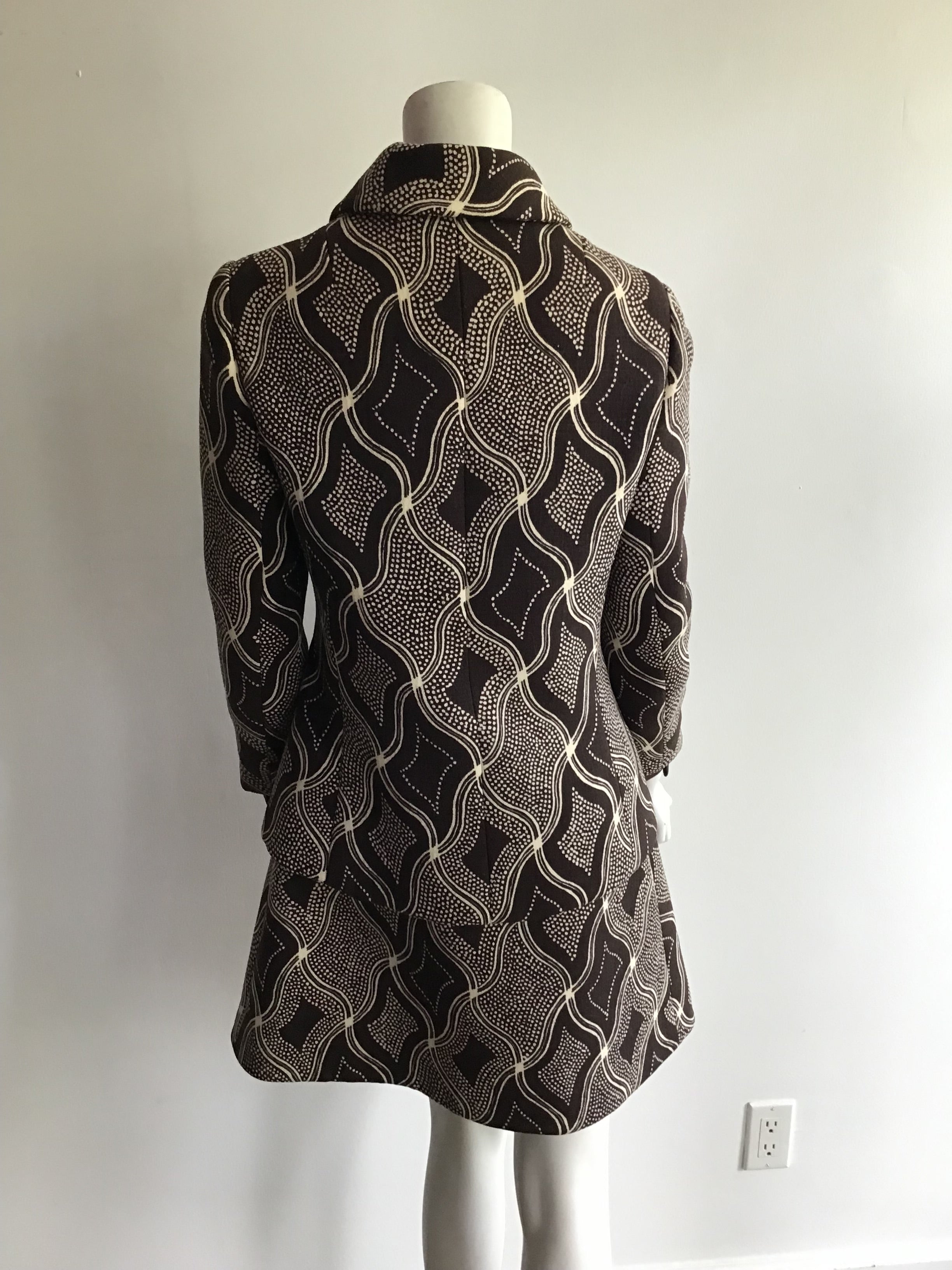 1960s Wool/Wool Crepe Brown Printed Dress with Jacket and Scarf Size 8