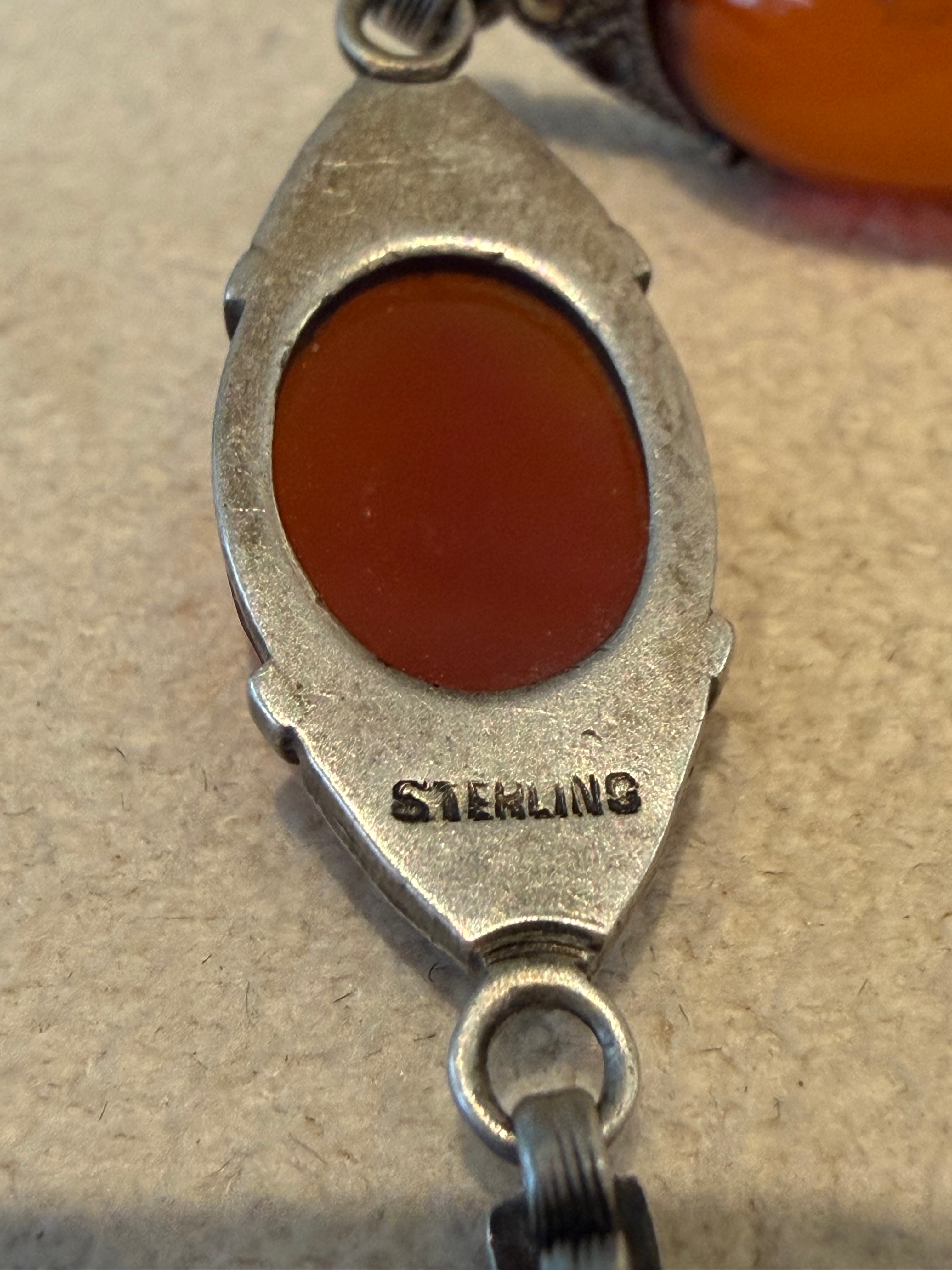 ART DECO STERLING AND CARNELIAN CABACHON BRACELET WTH MARCASITE