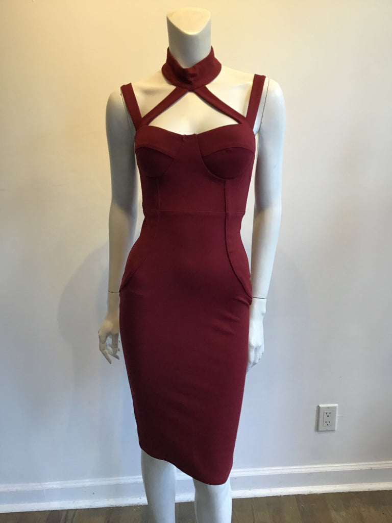 2000s Maroon Lycra Bustier Dress Size 4