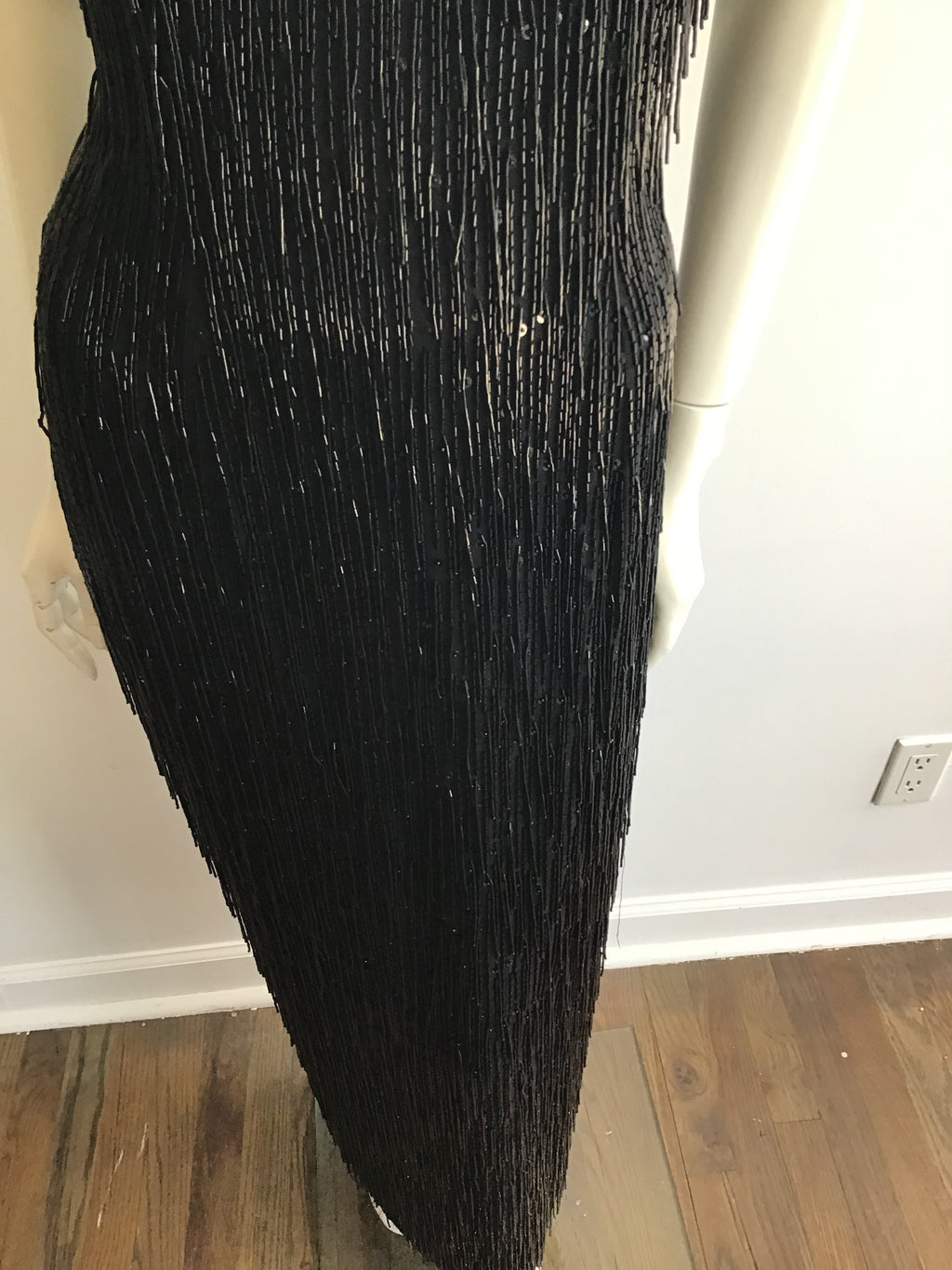 1980's Black Beaded Fringe Evening Dress Size 8