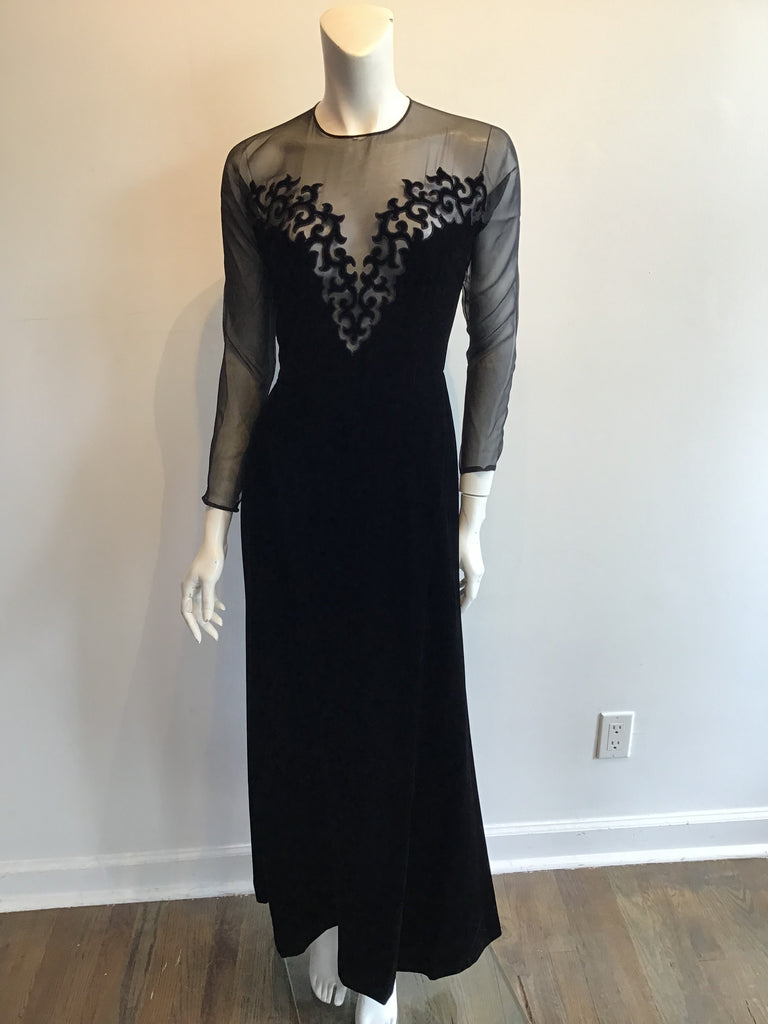 1980s Black Silk and Chiffon Oscar de La Renta Evening Gown Size 6