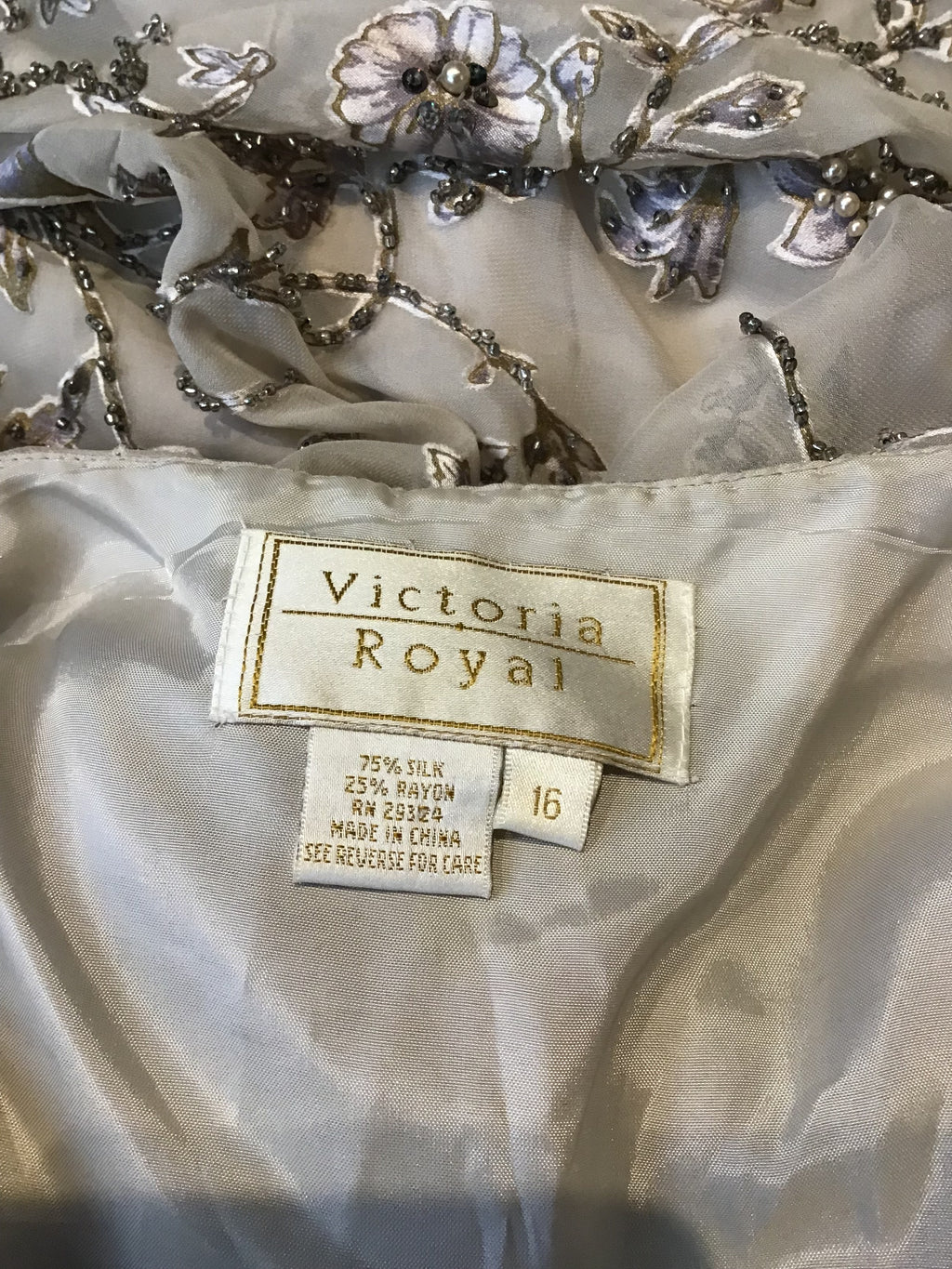1990s Victoria Royal Taupe Silk Evening Gown Size 16