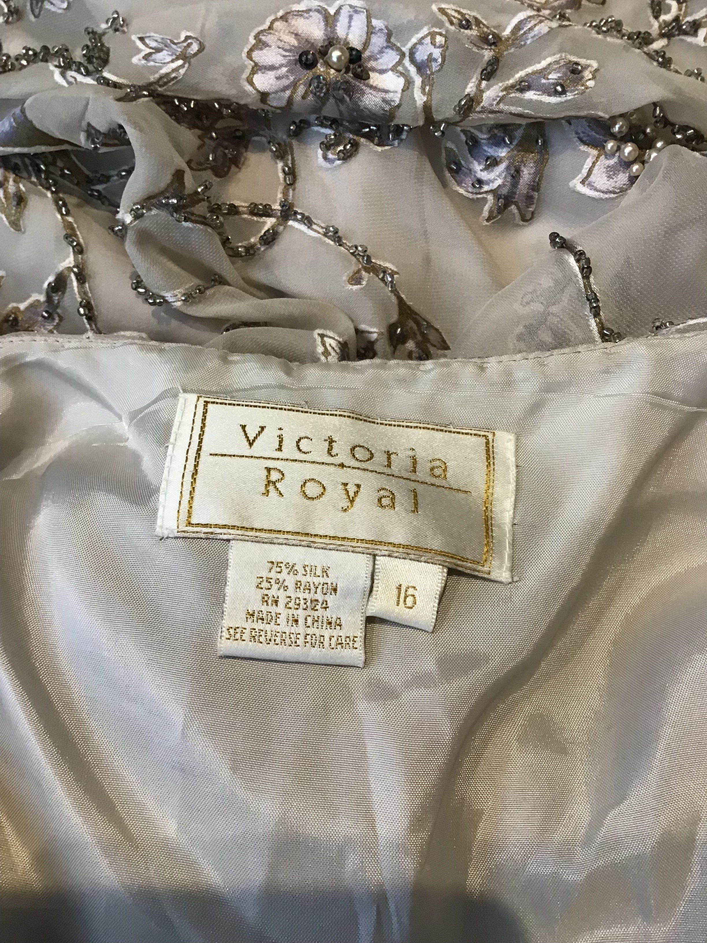 1990s Victoria Royal Taupe Silk Evening Gown Size 16