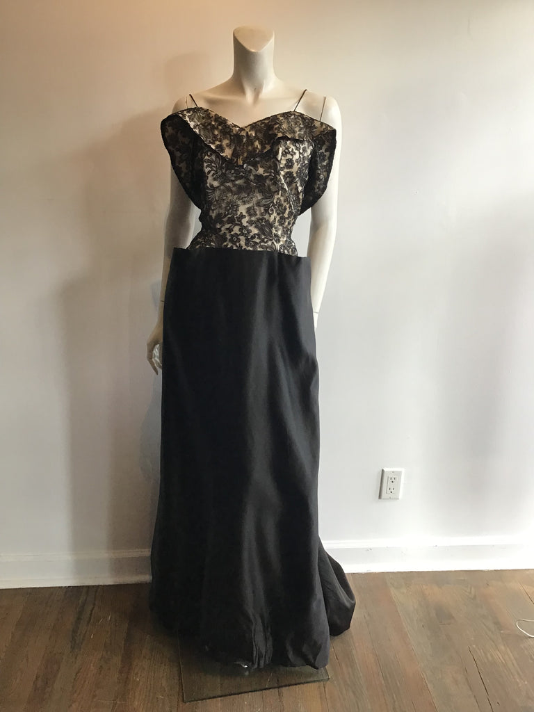 1950s Lace TopBlack  Silk/ Evening Dress with Train 10/12