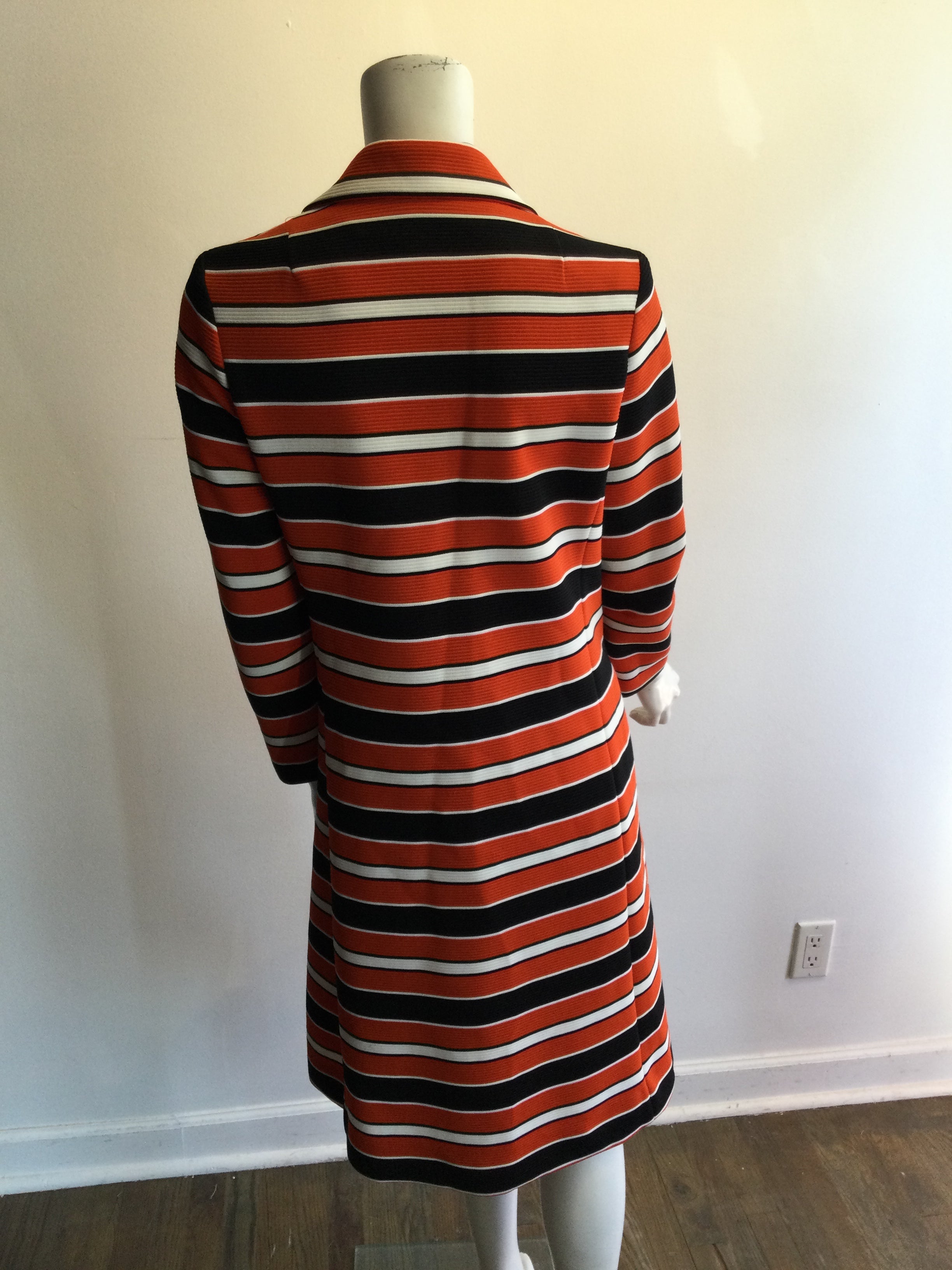 1970’s Orange/Black and white Polyester Striped Spring Coat Size 8