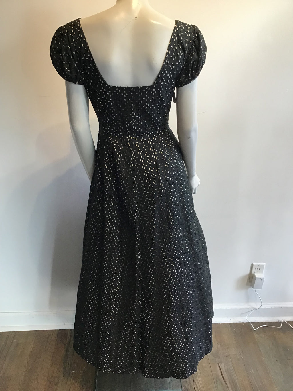 1930’s Black Cotton Eyelet Maxi Dress Size 6