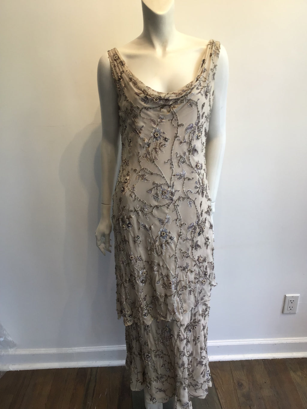 1990s Victoria Royal Taupe Silk Evening Gown Size 16